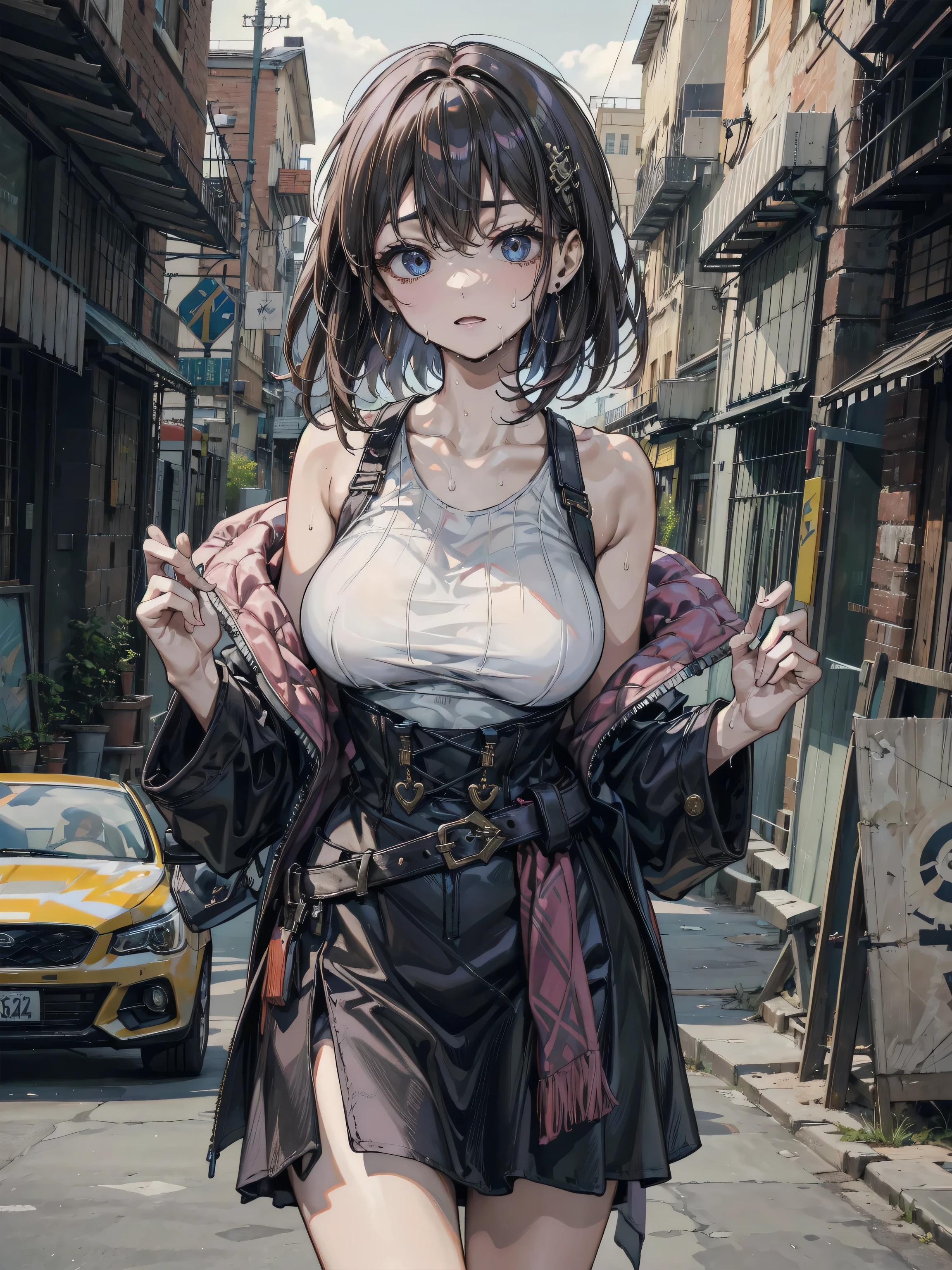 woman is posing with crossed arms and wearing a leather jacket with a skull design, navel piercing, 1girl, solo, choker, piercing, black hair, short hair, navel, crossed arms, shorts, strapless, tan skin, midriff, masterpiece, best quality, very aesthetic, absurdres, newest, ai-generated, intricate, sharp focus, perfect hands, perfect face, perfect eyes, perfect light, dynamic light, natural light