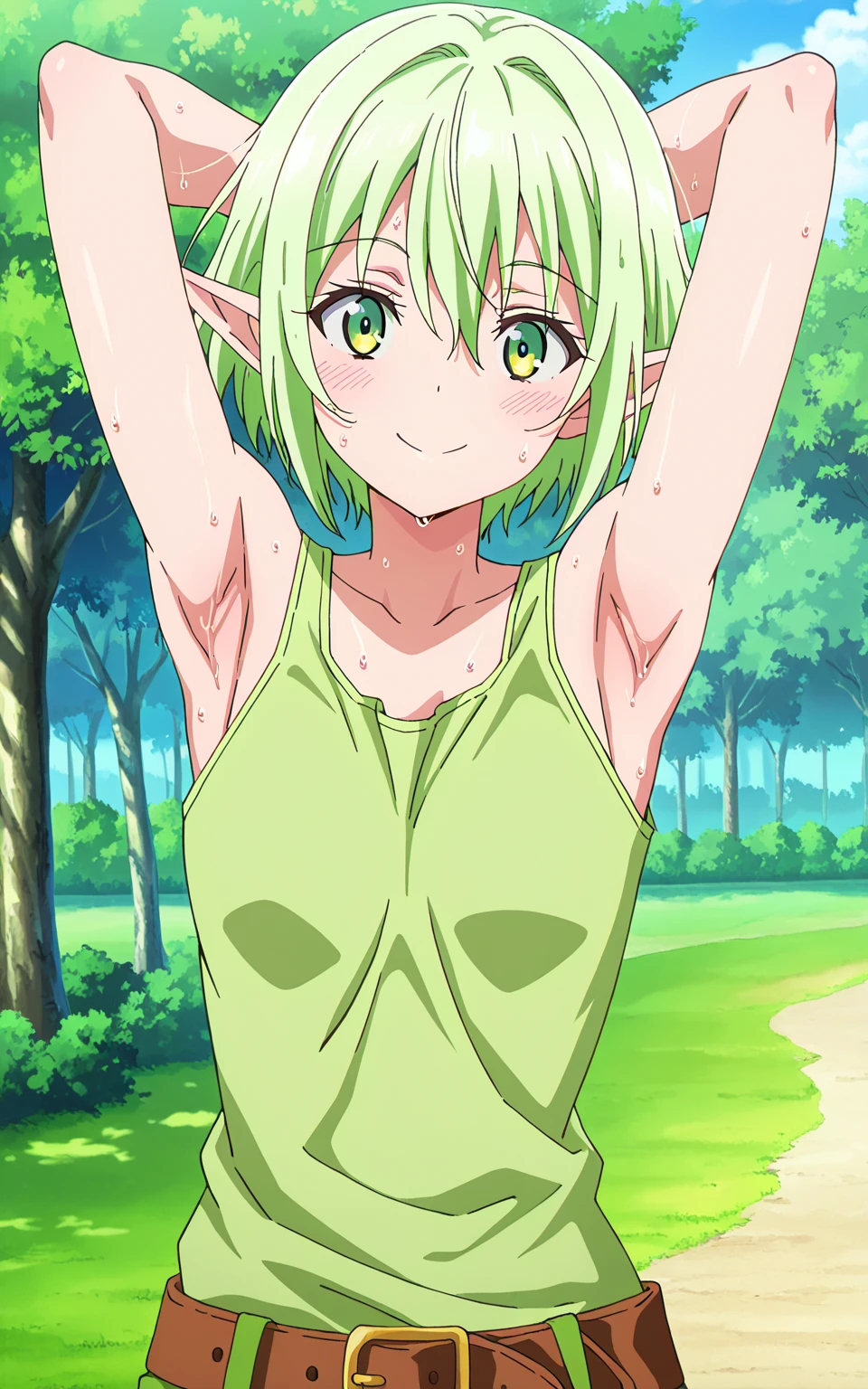 Highres, Masterpiece, Best quality at best,Best Quality,hight quality, hight detailed, (Boy, young boy), hansome, bare shoulder, (armpit), longue green hair, elf ears, turquoise eyes, green in the upper right corner, forest, shorts, Transparent, open belly, fishnet tights, Masterpiece, hiquality (young boy), 12-year-old boys