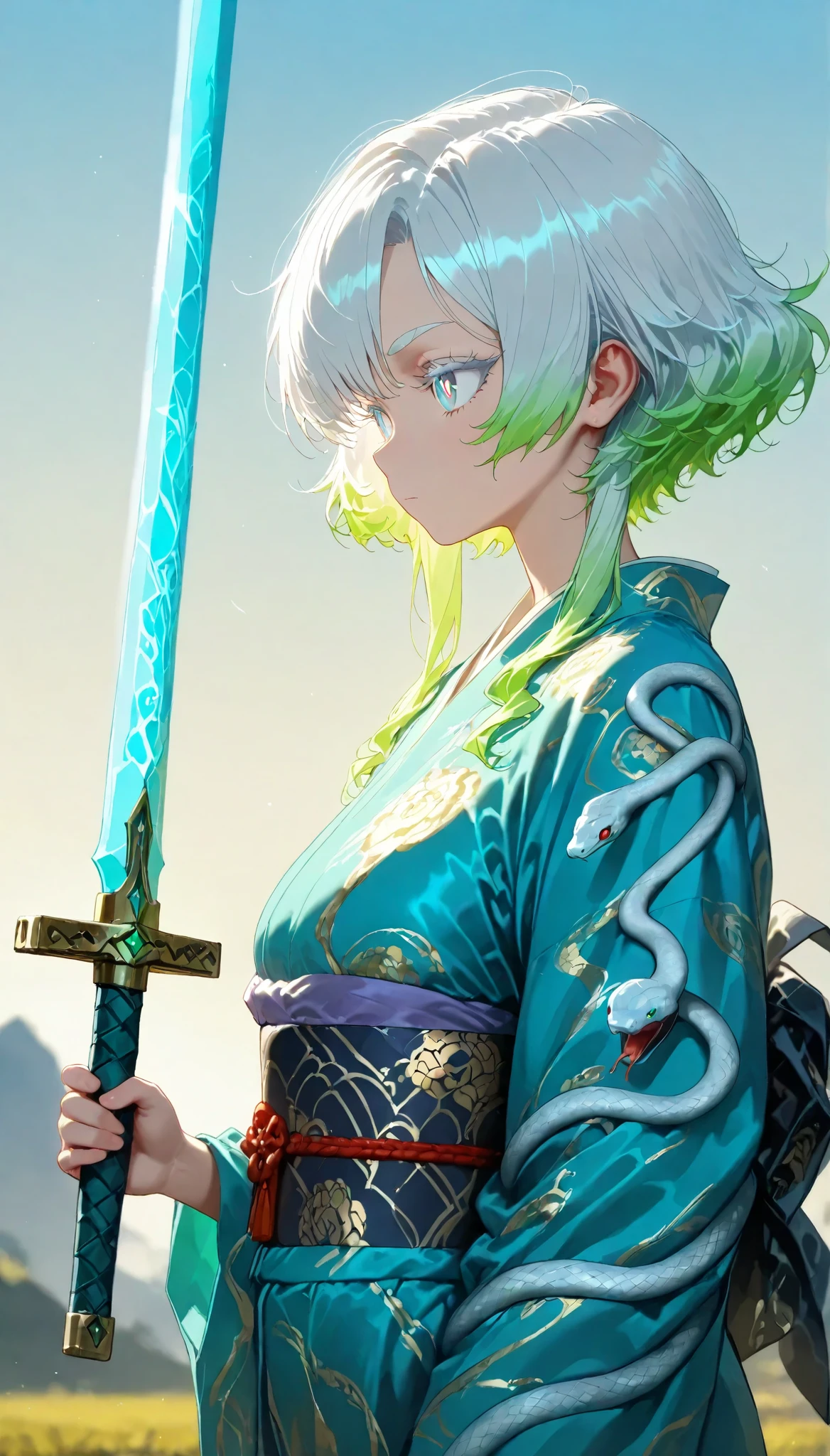 Anime - style woman with white hair holding a sword in a field - SeaArt AI