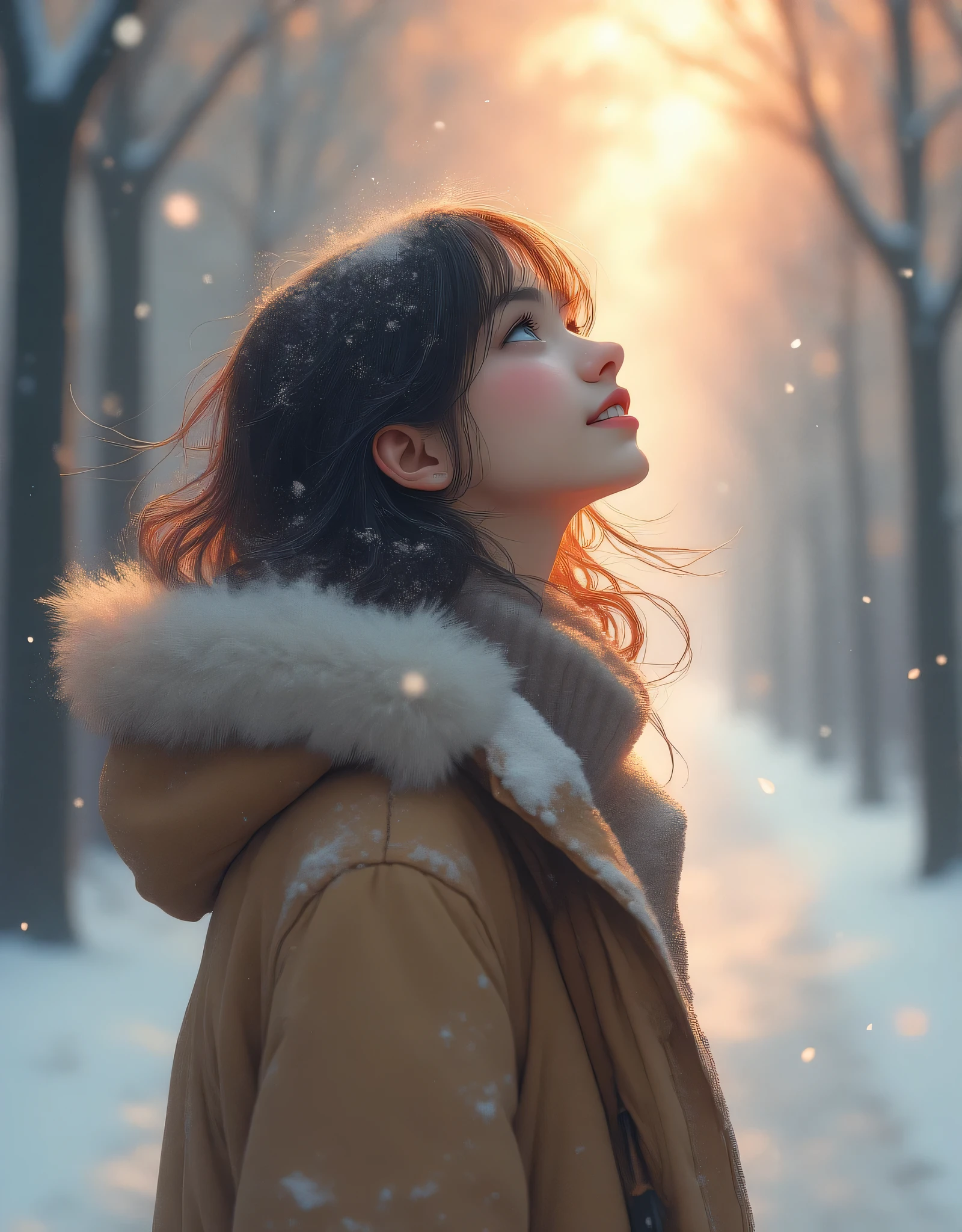 1 girl, Japanese,winter,(Upper body close-up),Woman walking along a tree-lined street where powder snow flutters ,Front ,Asahi, beautiful gradation , is written in depth, Particles of light and powder snow fluttering in the air gently envelop her, stylish warm jacket , facial hair , beautiful faces, woman looks up at the sky , beautiful hair fluttering in the wind, White Breath, nostalgic, calm,A woman waving her hands with a gentle smile, Aerial Photography,(Don't draw text)