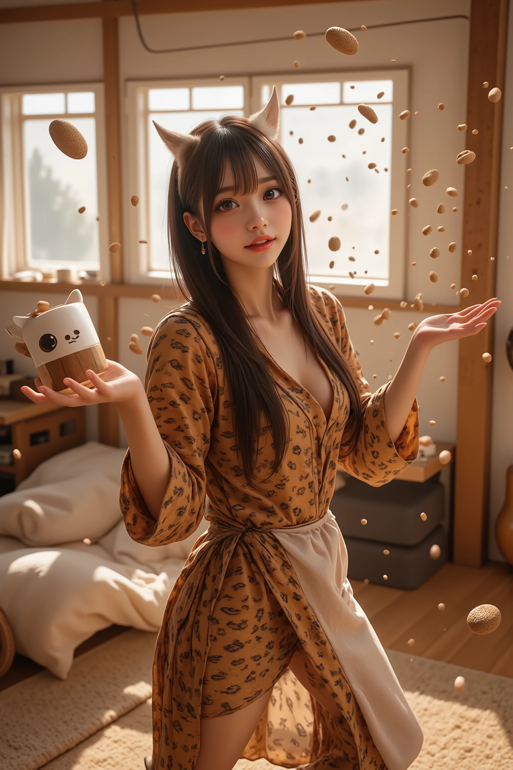 Japanese female college student,play the role of a Setsubun demon,Dynamic pose of throwing soybeans, trk, (wearing a revealing tiger pattern apron: 1.5, white skin, large breasts: 1.5, perfect body style: 1.5, sexy and seductive),she has a mask with a cute illustration on his head\(Ogre, red skin, two horns on his head, very cute\), (playful yet determined expression glowing with energy: 1.3), (holding a square wooden cup in her right hand: 1.2), (left hand open towards the viewer), (perfect hand: 1.2), (countless small soybeans shot from her left hand), (soybeans with a sense of great speed), (several bundles framing her face) (A cozy studio apartment filled with sunlight streaming in through a large window: 1.5), (books, a futon, small ornaments and other items reminiscent of student life scattered around), (A soft beige rug and wooden floor reflecting the warm afternoon light), (The sense of movement and energy as the apron flows with the movements), (Vivid, detailed textures of the skin and clothing), Cinematic composition, Surreal lighting, Dynamic perspective, 8K resolution, Ultra high quality, Masterpiece.