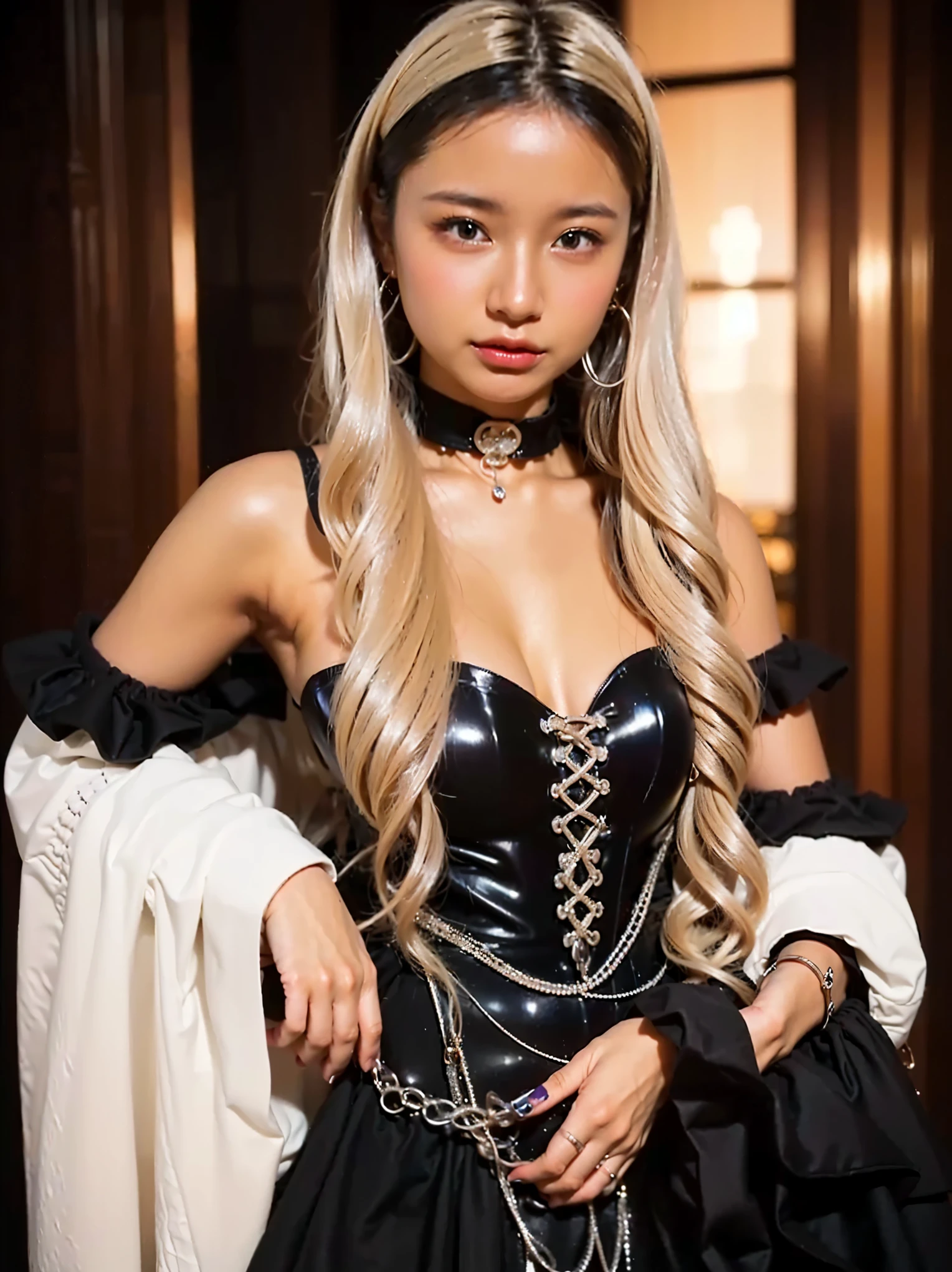 (Completely live action:1.37), (Amazingly realistic textures:1.37), (masterpiece, best quality:1.2), (8k uhd, 16k, 32k, ultra high res), amazingly realistic skin, amazingly realistic photo, superrealism, (photorealistic:1.37), (RAW photo), ultimately realistic, (ultimately realistic all details), (ultimately realistic all textures), super realistic lighting, super realistic shadow, (japanese girl:1.5), ((young face)), smiling, happy, super realistic face, ultimately realistic skin, ultimately realistic eyes, (mascara:1.35)ultimately realistic background, ultimately realistic detail up, kkw-ph1, ((drooping eyes, cyberpunk-style cyborg girl, amazingly intricate details, Anatomically perfect hands, mechanical body, silver knight armor, ultra glossy texture, purple hair))