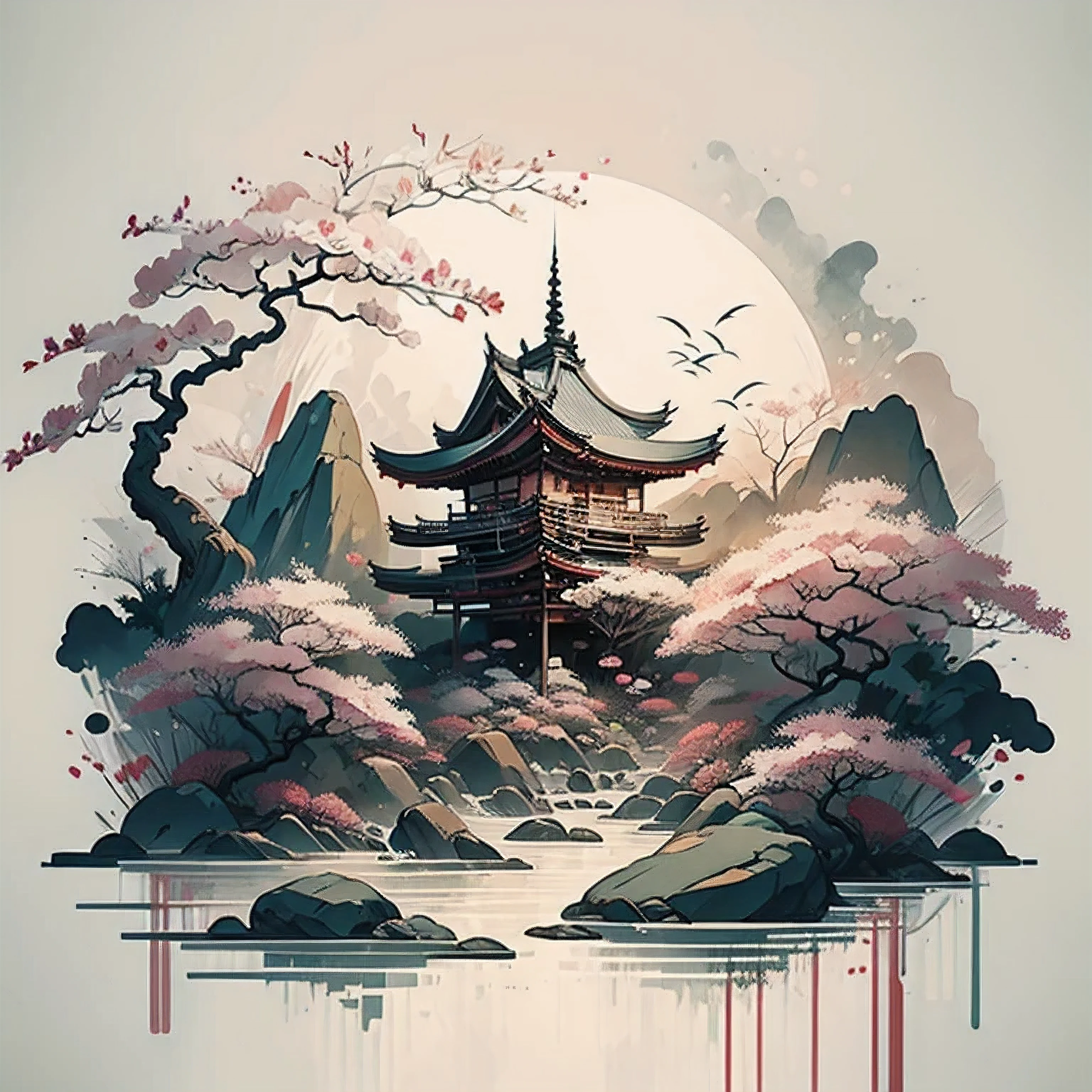 Ukiyoe style, cherry blossom, nature, ink painting, no people, river, more black and white