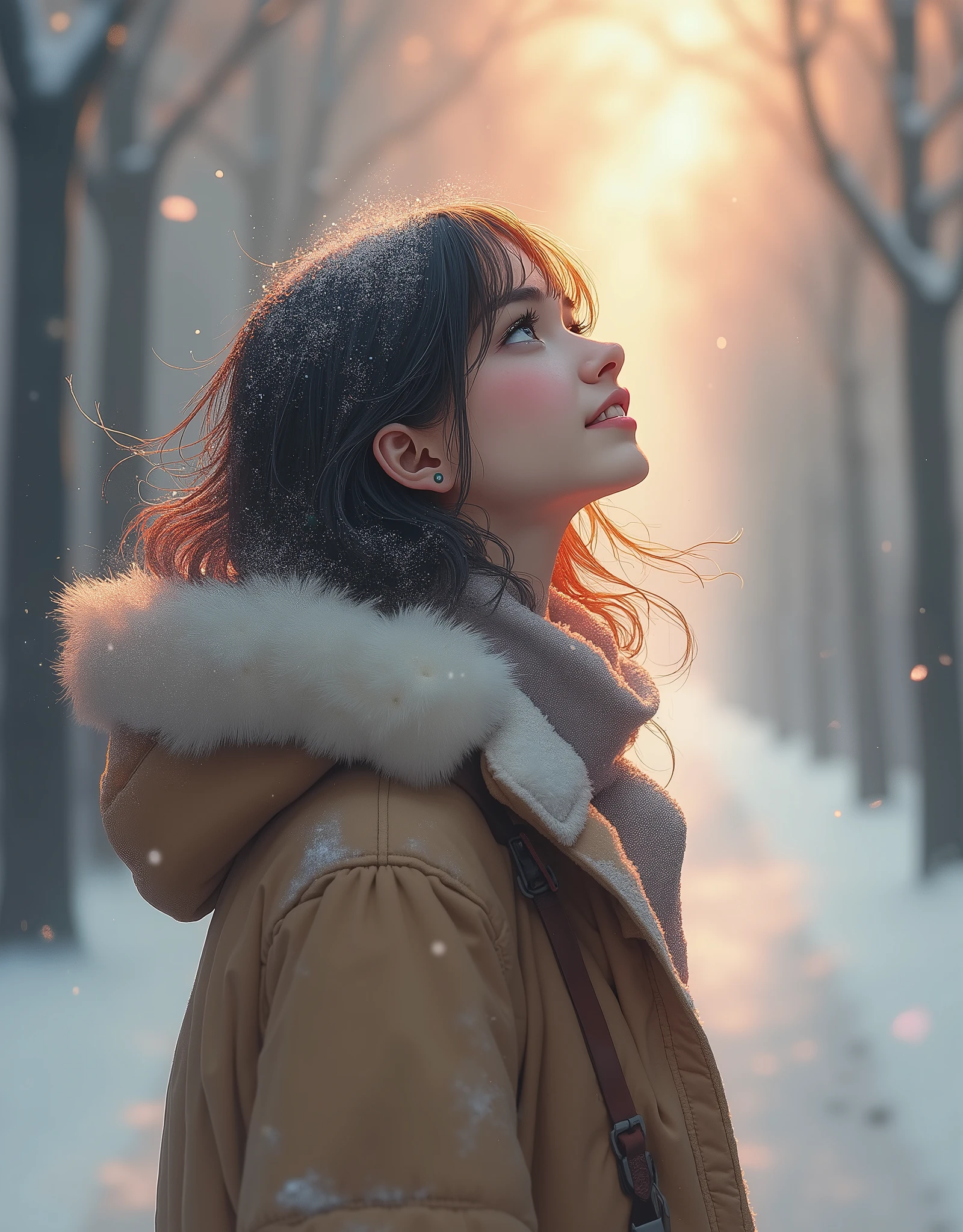 1 girl, Japanese,winter,(Upper body close-up),Woman walking along a tree-lined street where powder snow flutters ,Front ,Asahi, beautiful gradation , is written in depth, Particles of light and powder snow fluttering in the air gently envelop her, stylish warm jacket , facial hair , beautiful faces, woman looks up at the sky , beautiful hair fluttering in the wind, White Breath, nostalgic, calm,A woman waving her hands with a gentle smile, Aerial Photography,(Don't draw text)