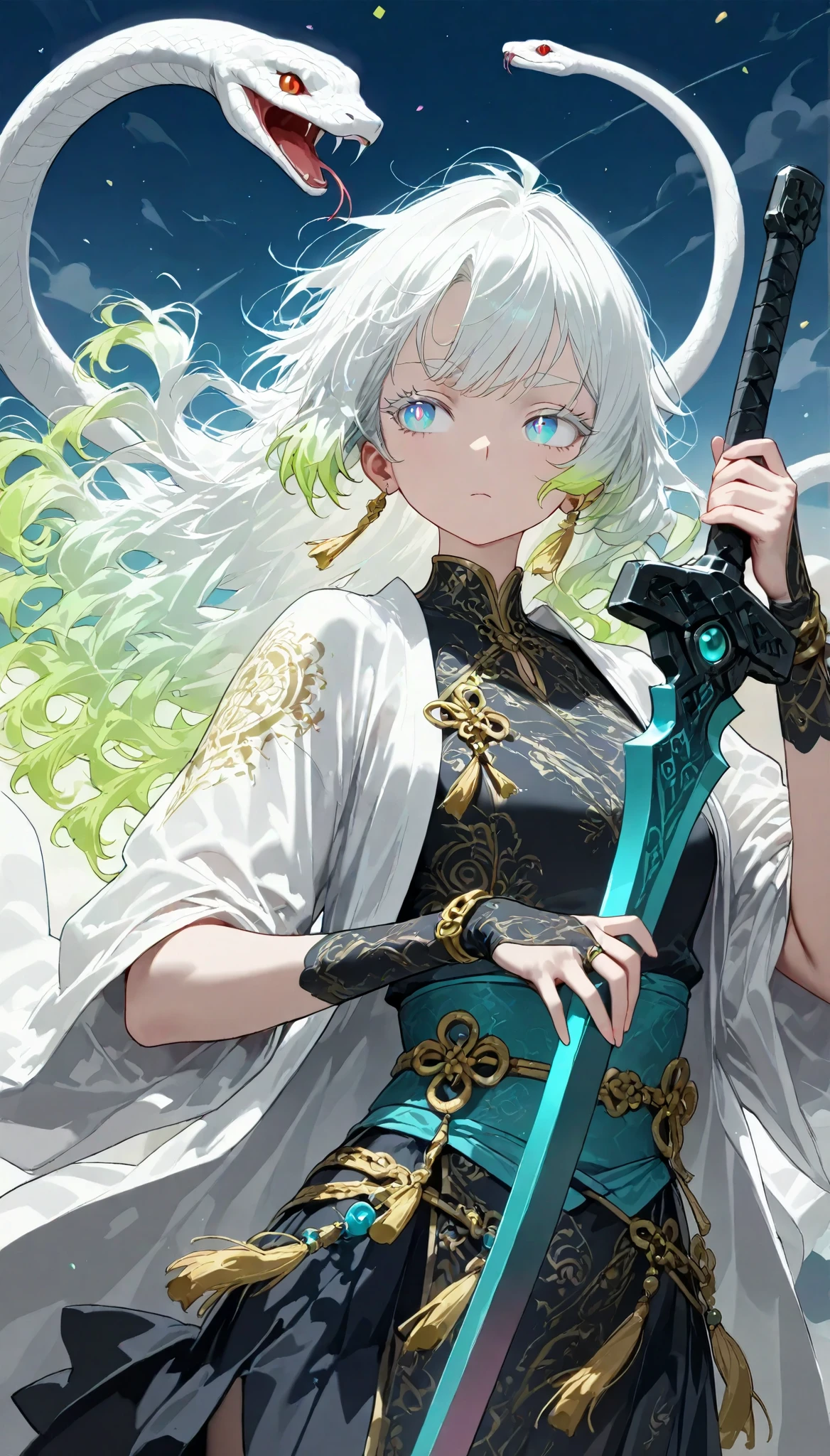 Anime girl with white hair holding a sword and a snake - SeaArt AI