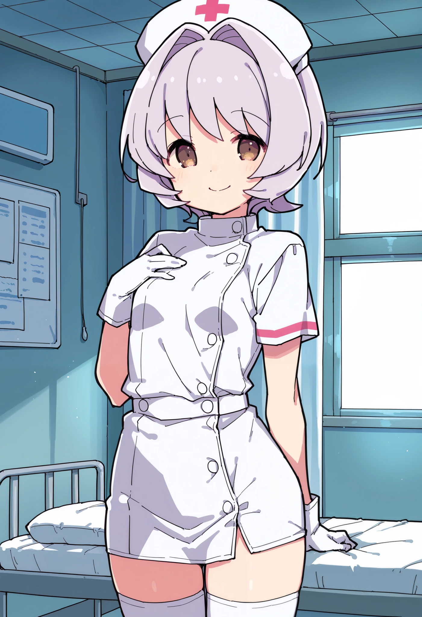 Score_9, score_8_up, score_7_up, source_anime, najimi osana, solo, short hair, brown eyes, light purple hair, hair intakes, (best quality), (high quality), {masterpiece}, extremely delicate and beautiful, ultra-detailed, beautiful detailed eyes, nurse, nurse hat, ((white nurse's outfit)), white gloves, white legwear, zettai ryouiki, hospital room, smile, closed mouth, standing