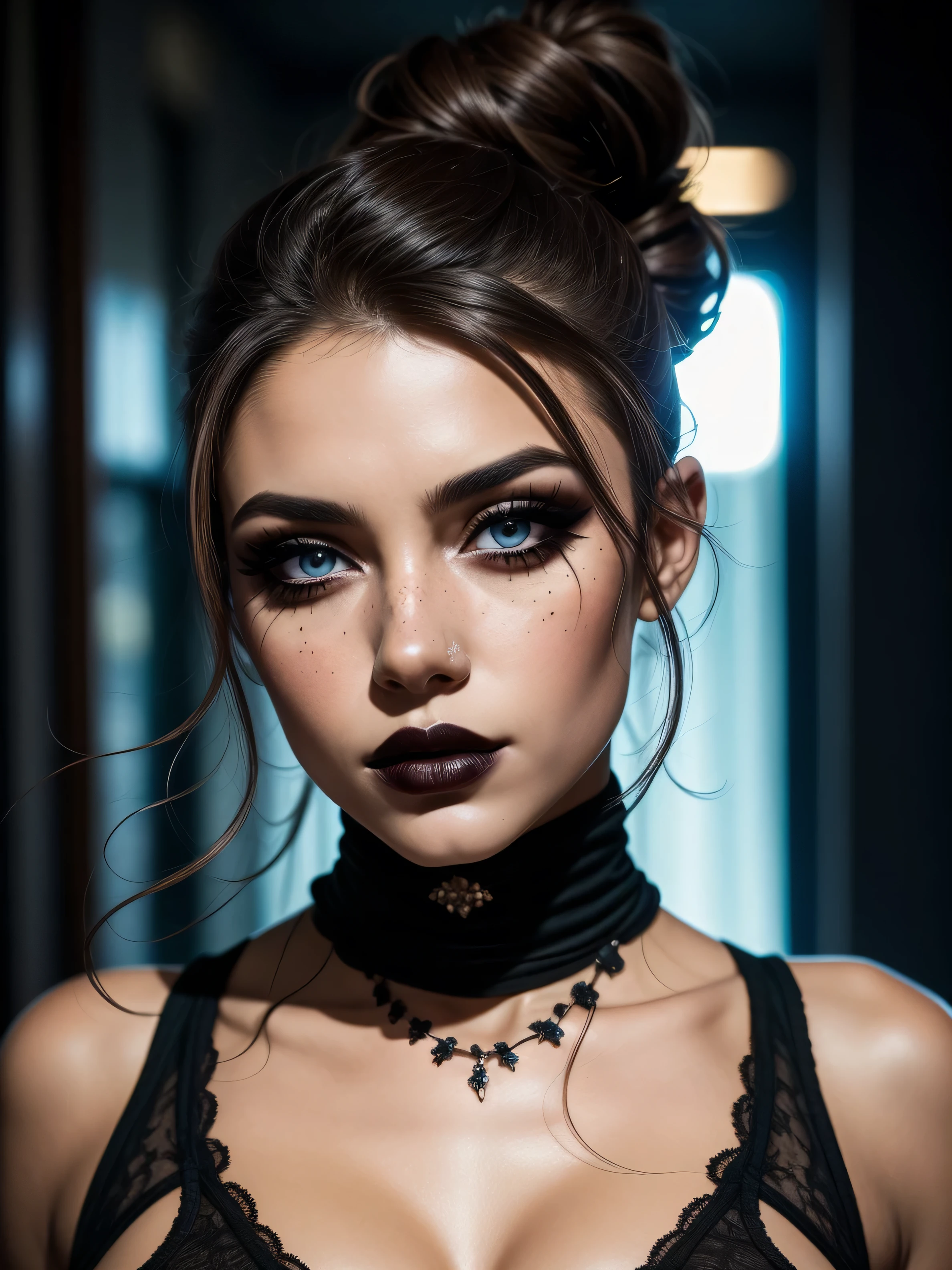 A woman with strong, artistic makeup, her eyes marked by an intense black smoky eye that creates a dramatic look. Her lips are painted a vibrant red, with a touch of gloss and a slight smudge that increases the intensity and sensuality of the image. Her skin is flawless, almost luminous, and her gaze is direct, giving off a powerful and sexy vibe. Her hair is slicked back, highlighting her face and enhancing her makeup.