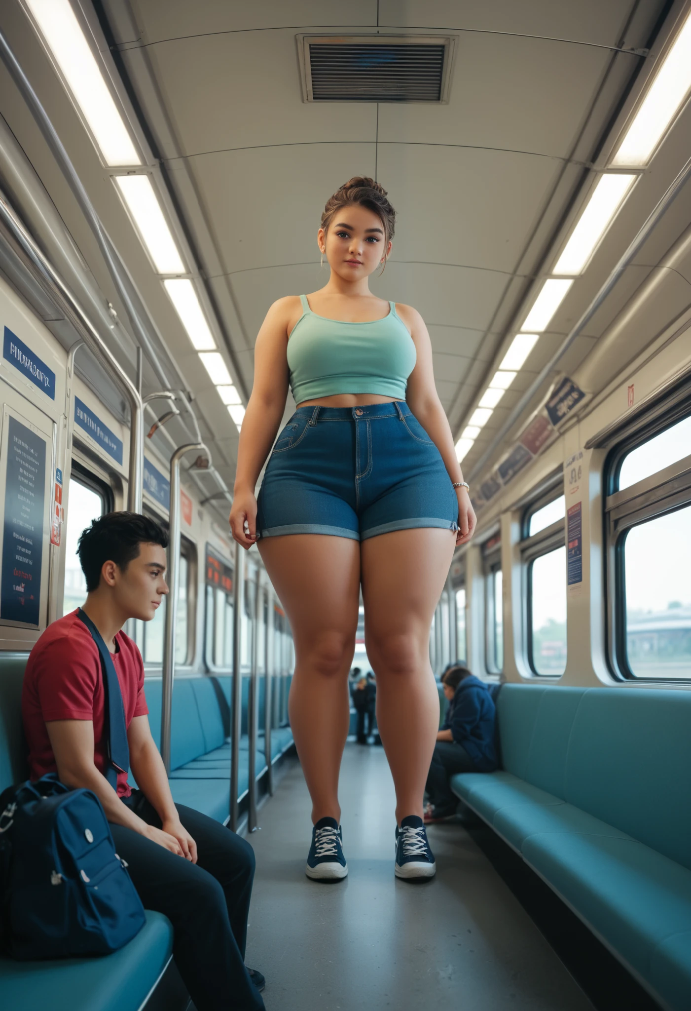 young giantess sits in train, extremely tallest over the train's ceiling, taller than train, chubby, huge.