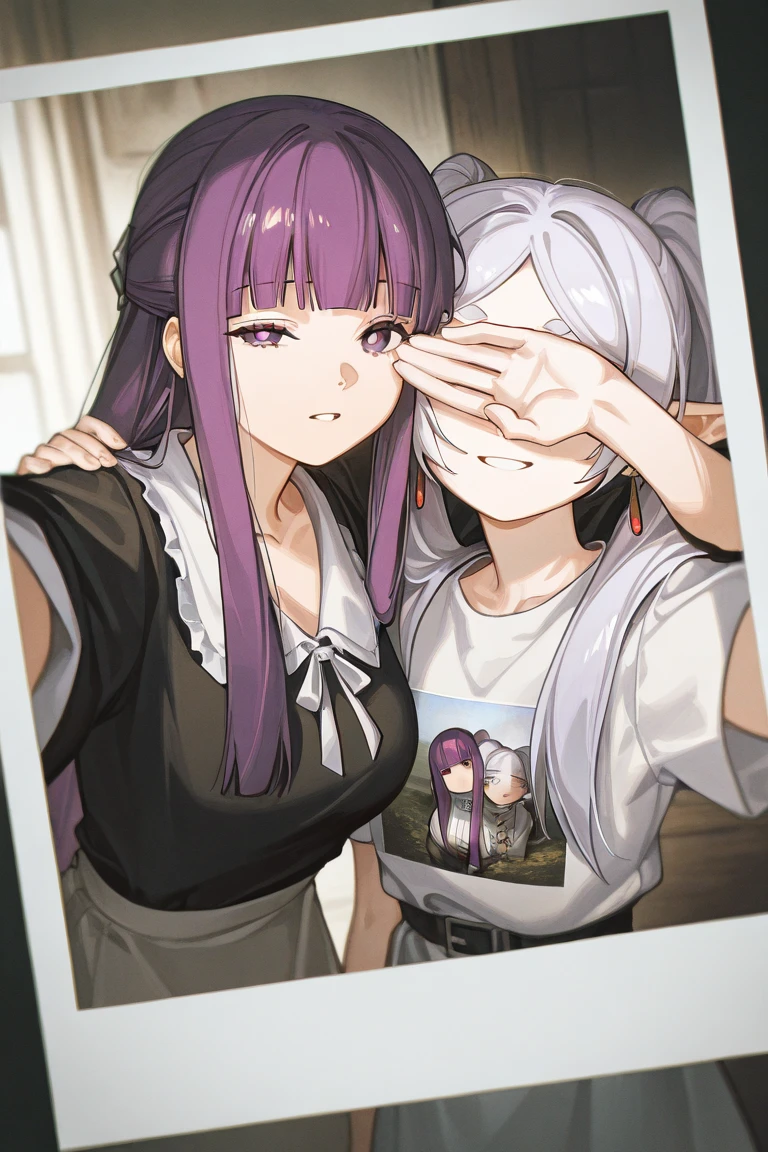 A young silver haired woman with green eyes is hugging a pink haired woman with violet eyes in the cemetery