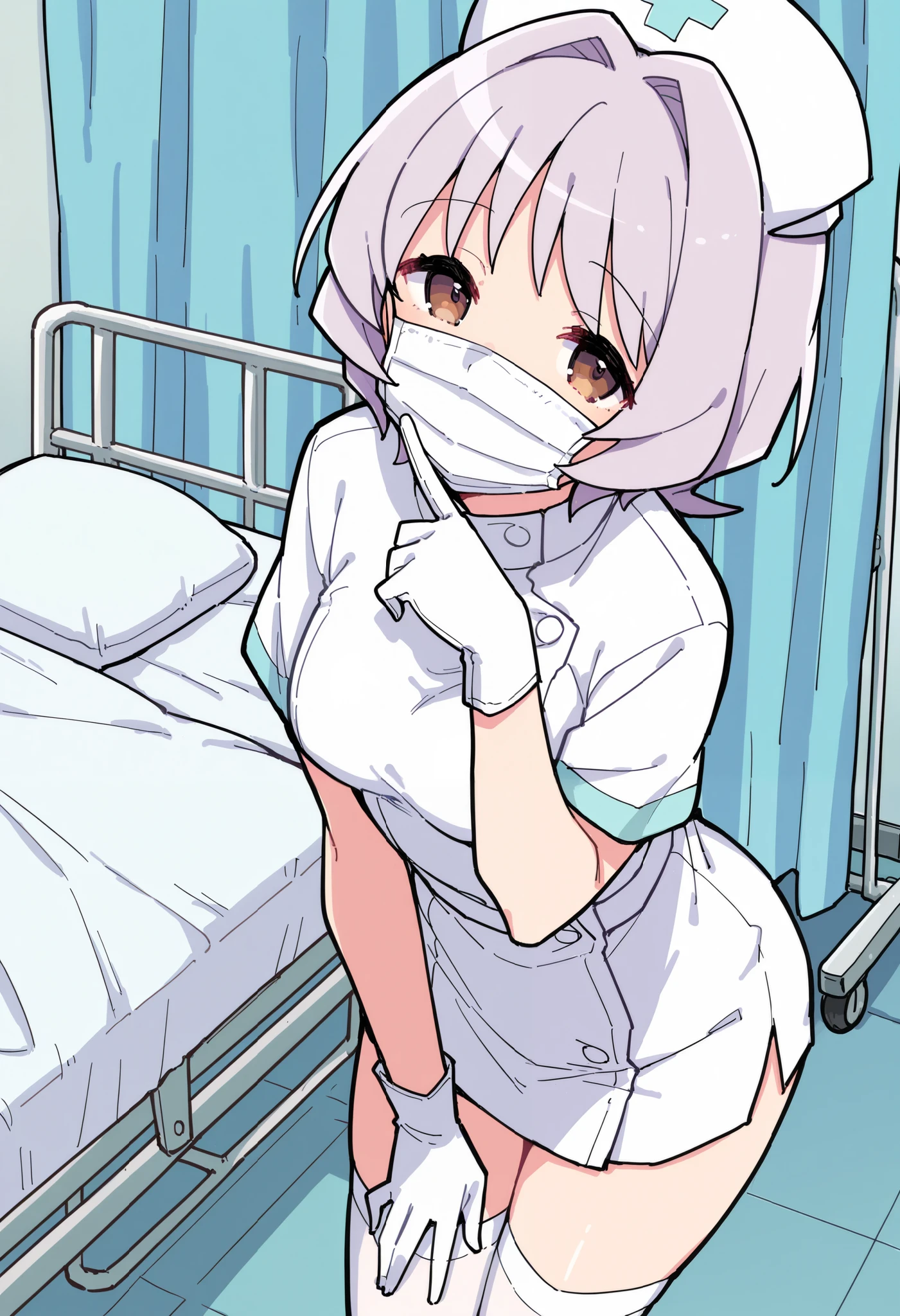 Score_9, score_8_up, score_7_up, source_anime, najimi osana, solo, short hair, brown eyes, light purple hair, hair intakes, (best quality), (high quality), {masterpiece}, extremely delicate and beautiful, ultra-detailed, beautiful detailed eyes, nurse, nurse hat, ((white nurse's outfit)), white gloves, white legwear, zettai ryouiki, hospital room, ((white surgical mask, covered nose)), standing