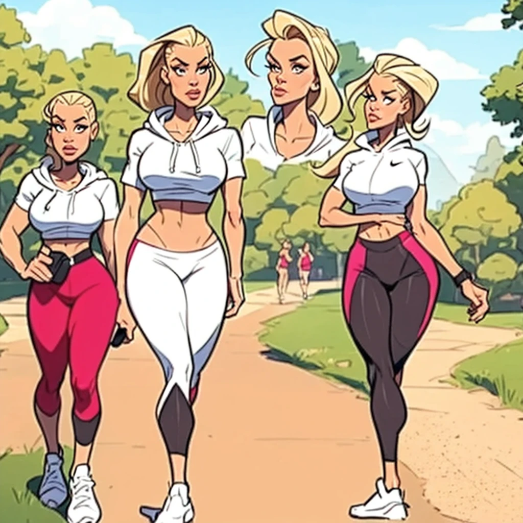 Foto hiperrealista en primer plano de Emily Sears , masterpiece, best quality, (photorealistic:1.4), full body, (army green tank top:1.1), (army green yoga pants:1.2),, fall hiking in the forest, romantic sunset, fall colors, cinematic light, beautiful woman, skinny, large breastsr, straight blond hair, hair in a ponytail, detailed face, smile, photo taken from a distance, sticking butt out, big ass