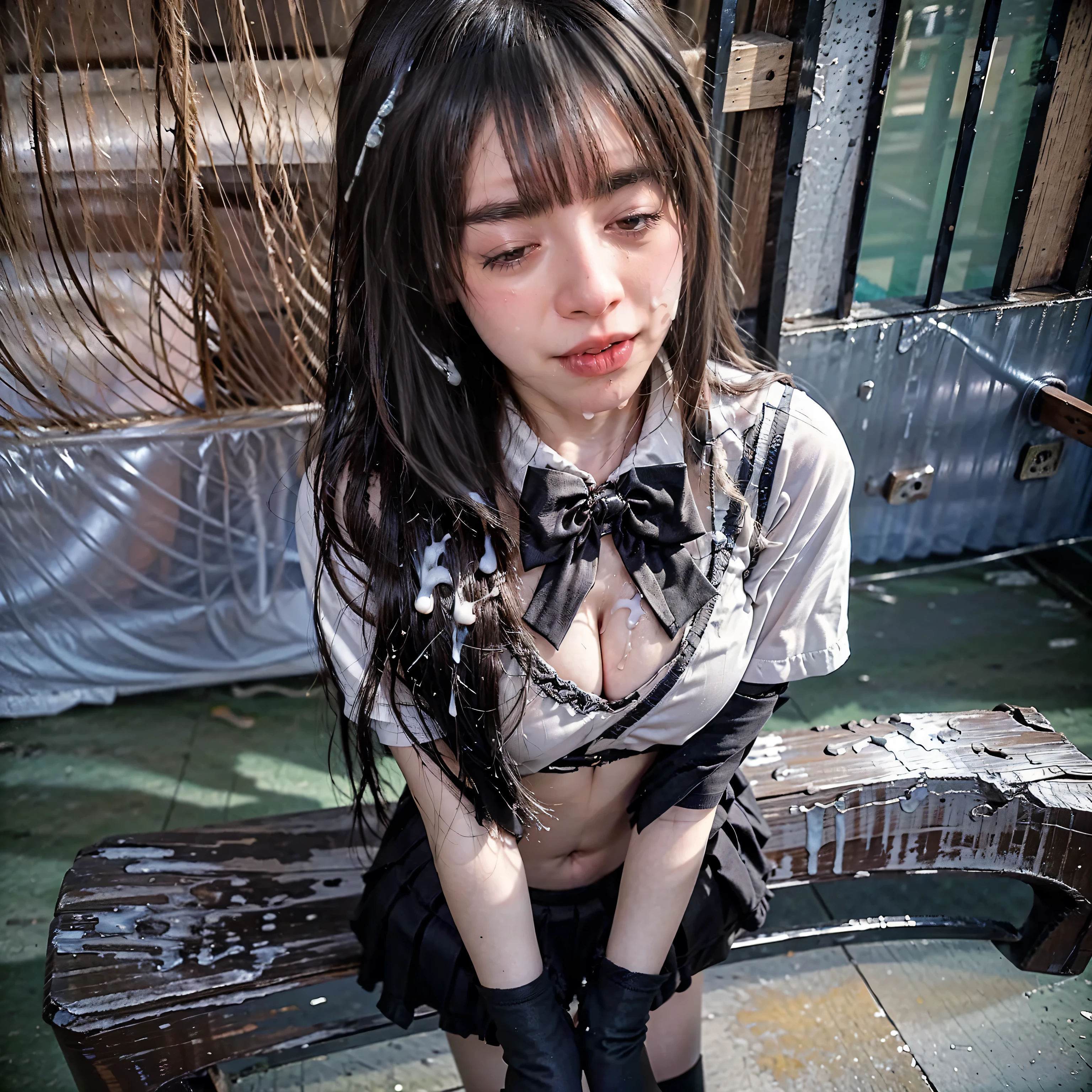 arafed asian woman in a skirt and a white shirt posing for a picture, japanese school uniform, japanese girl school uniform, wearing japanese school uniform, cute schoolgirl, jk uniform, beautiful anime high school girl, Wear loafers, Open belly button, Open belly, See the belly, low waist mini skirt, Skirt open,Skirt in half,Open Skirt,Not wearing underwear,No Panties,without underwear, wear black thigh high socks, bow, bowtie, long black hair straight, video, long foot, slender, young gravure idol, realistic young gravure idol, young pretty gravure idol, young skinny gravure idol, japanese model, 1 person, from the front, Full body standing pose, cum on face, cupping hands, cum on hands, cum on pussy, mouth full of cum, man, gay, cum swapping, excessive cum, JK_style, mouth full of cum, cumdrip, after sex, after vaginal, amateur, flash photo, dark background, cum on clothes, close eyes, ノースリーブ,