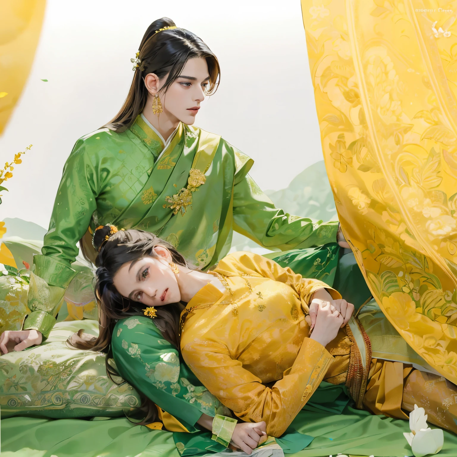 Fictional illustration, full body 2 men, right man sitting, wearing green Thai dress, left man lying on right person's lap, wearing yellow Thai dress, both have long hair, 2 women, white background.