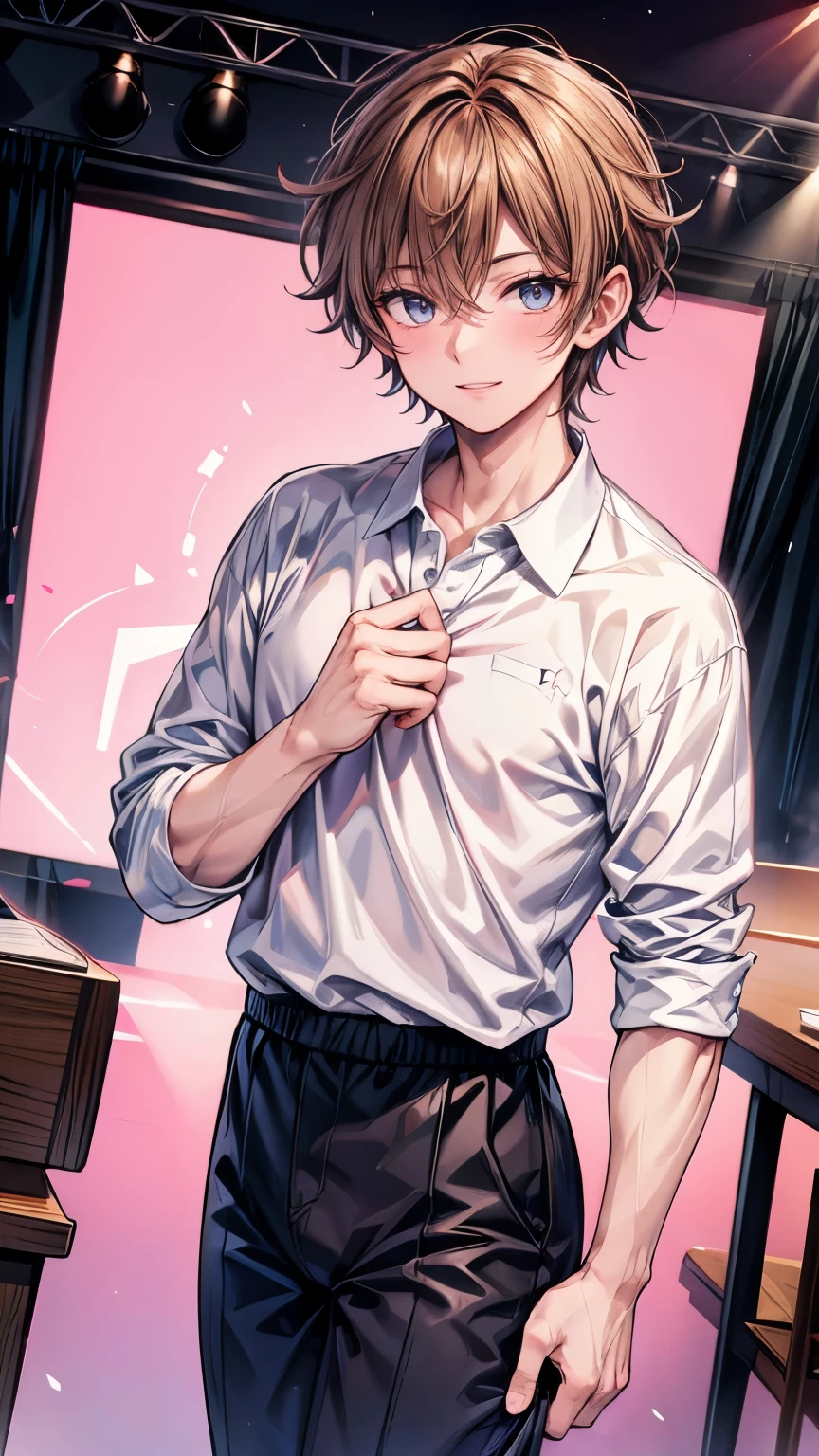 ((One beautiful handsome man)), ikemen face, ((smile)), open mouse, ((brown short hair)), beautiful eyes, Beautiful double eyelids, broadly grinning, pointy nose, Smooth and glowing skin, muscle, ((taller)), broad-shouldered, ((cute animal big mascot)), white half sleeve polo shirt, star brooch, standing, bulge between the legs, (variety TV show studio scene for pink screen streaming), (Fairy tale stage set), Digital painting, 16K, Best quality, masterpiece, ultra-detailed, medium shot, anatomically correct, good hands, look at us, Nobody's here