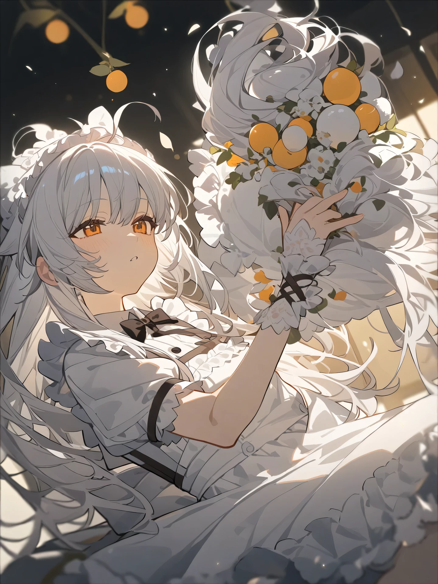 One girl has long white hair and two balls on her head wears a white maid dress with short sleeves