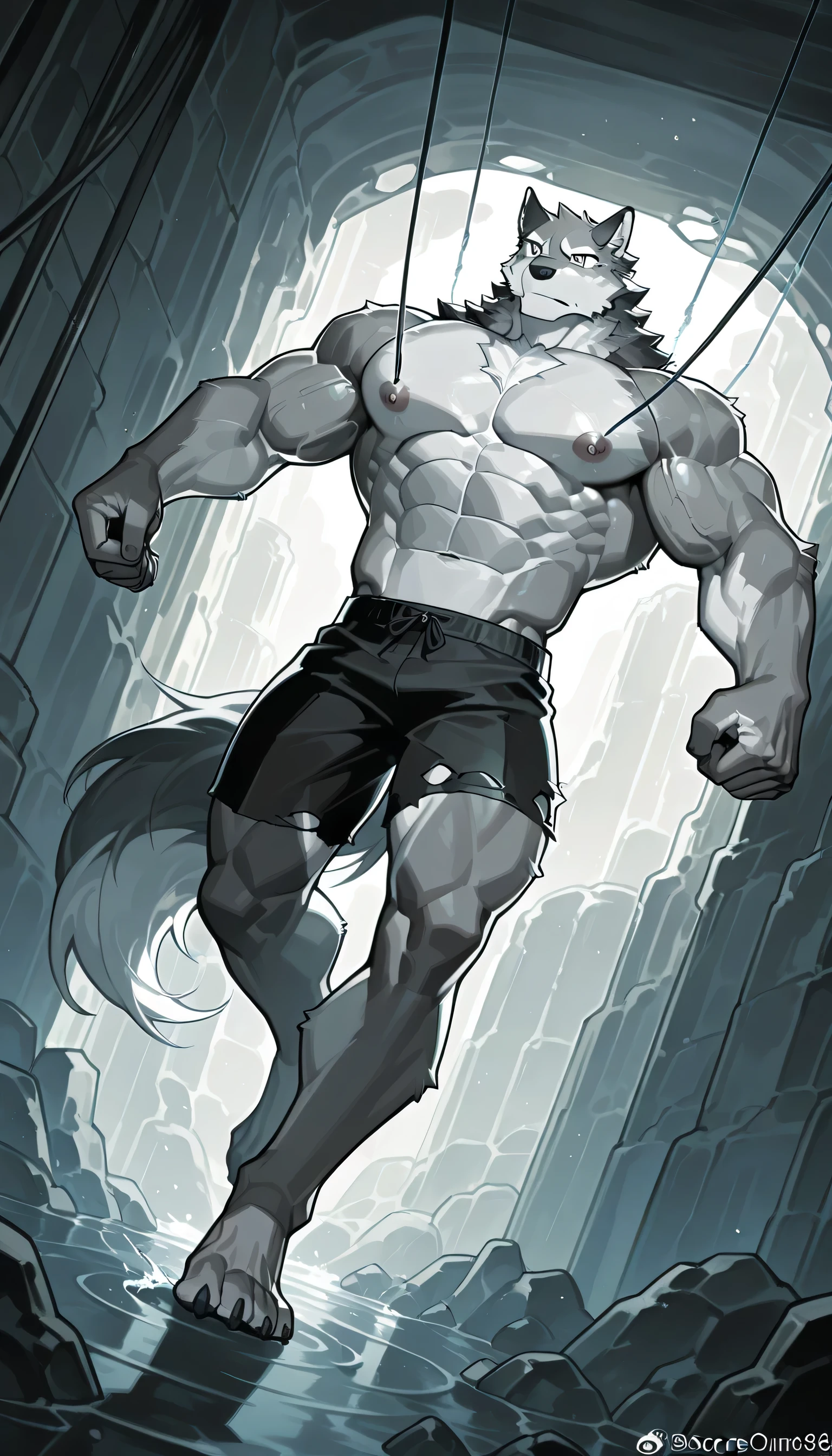 male focus,Gray Wolf, 1 boy , Muscular , Muscular male, alone, Chest muscles, only,Abdominal muscles,large Chest muscles, emer one ld {x} furry, topless men,nipple, animal ears , emer one ld {x} furry male,thigh,Umbilical cord,Long-legged, dynamic pose, dynamic angle,(Abdominal musclesurdres:1.1),,Shock, 夸张的Chest muscles,Trapped ,Ancient Background,broken shorts