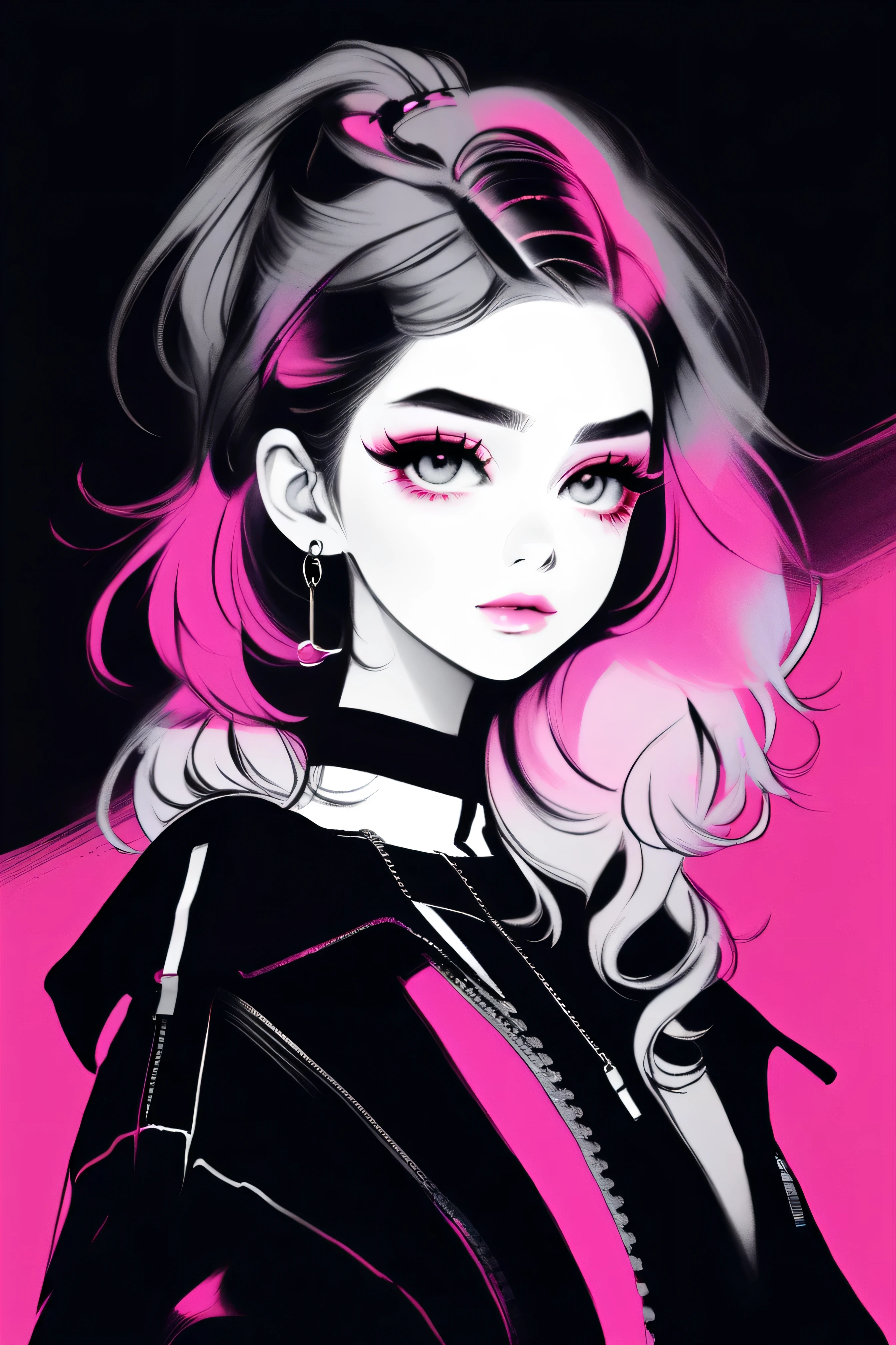illustrator, anime , realistic ,sketch , 1 girl, ,lip, sweater,order, black and white mix gradient background, neon black and pink highlight hair,Textured trim, Canadian, (masterpiece,Best quality)