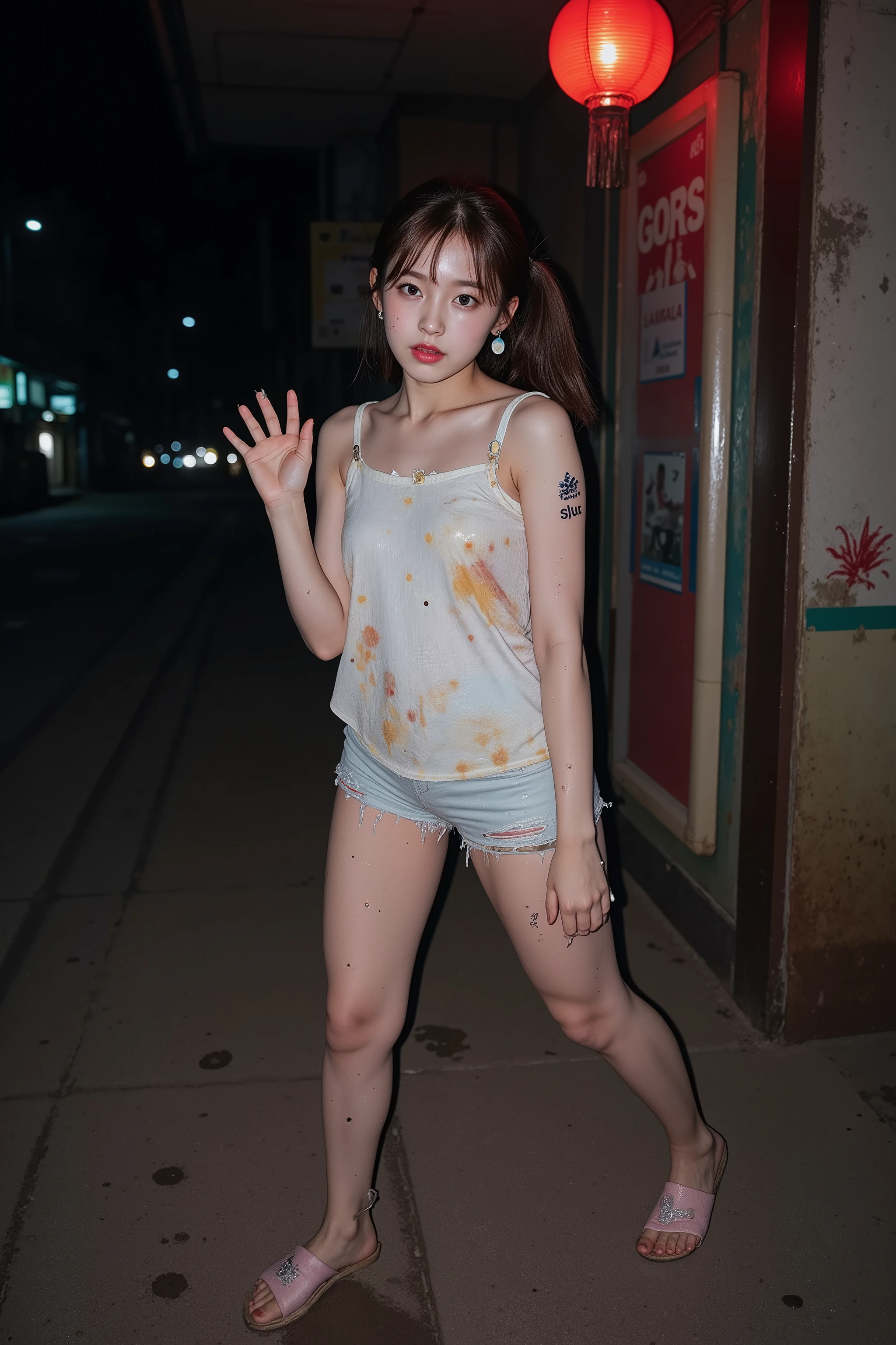 Abandoned schools，Sexy standing pose，full-body portraits，18 years old Korean beautiful girl and 2 dirty homeless people 1.1，NSFW，very beautiful long slim legs，The barefoot，exhibitionists，Smaller bust，As thin as a whipping post，Skinny，Expose breasts randomly，Random exposure of genitals，face to the viewer