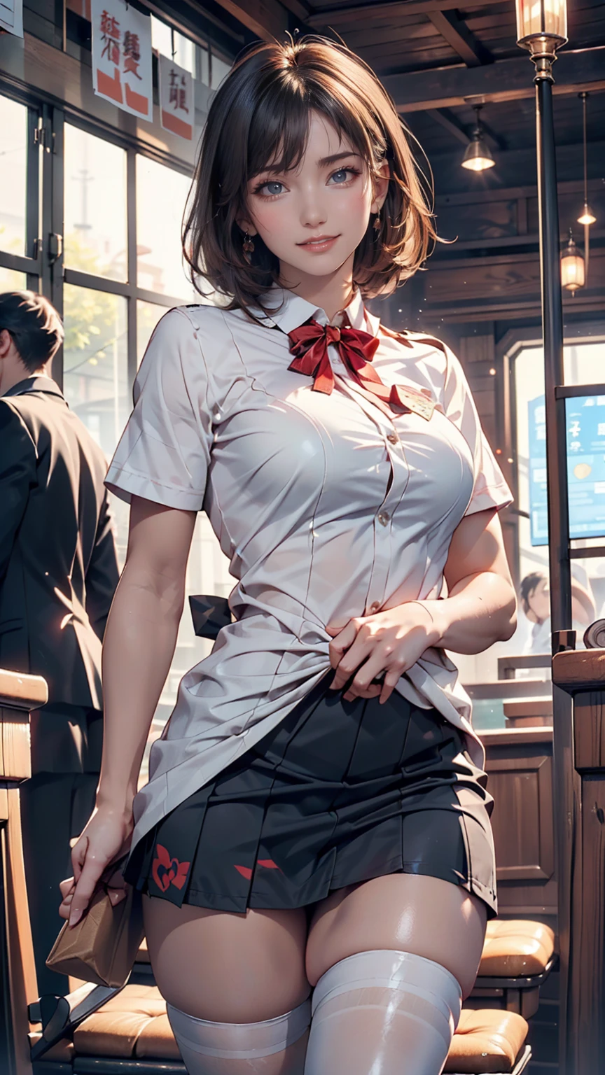 (masterpiece:1.4)、(highest quality:1.4)、ultra high resolution、beautiful features、Advanced detail、20 year old woman、Black hair bun hair、earrings、white long sleeve collared shirt、black tight skirt、tights、(huge breasts:1.1)、red face、smile、on the train、stand、Night view outside the window