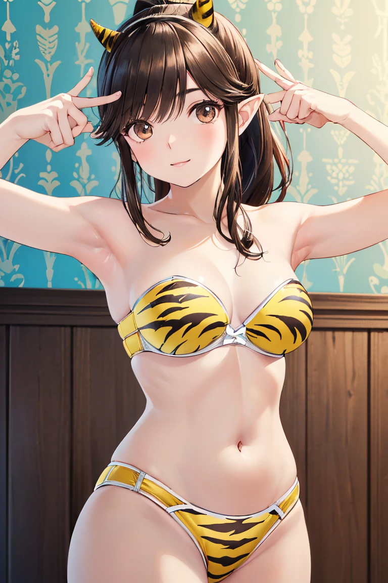 ((WHITE BACKGROUND)) full body standing straight symmetrical looking to the viewer woman wearing a yellow tiger bikini tiger paws, choker on neck, shackles on legs and arms, tiger face