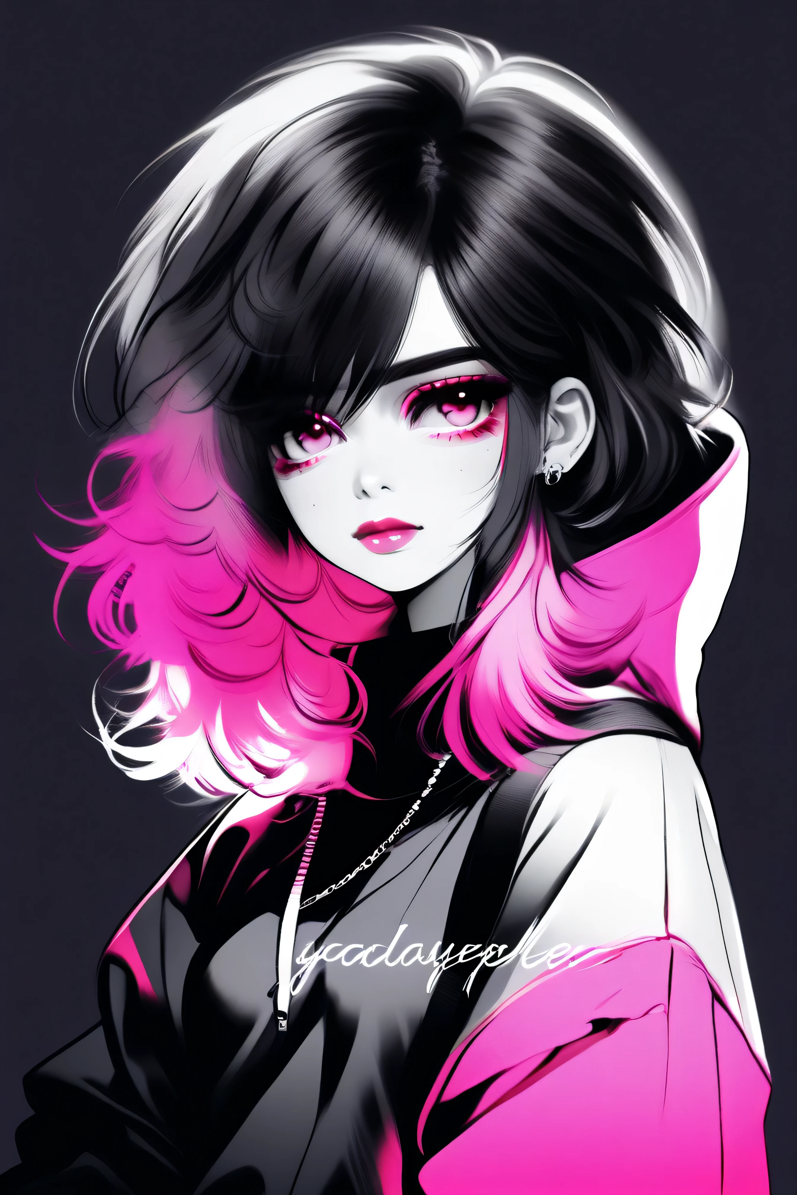 illustrator, anime , realistic ,sketch , 1 girl, ,lip, sweater,order, black and white mix gradient background, neon black and pink highlight hair,Textured trim, Canadian, (masterpiece,Best quality)