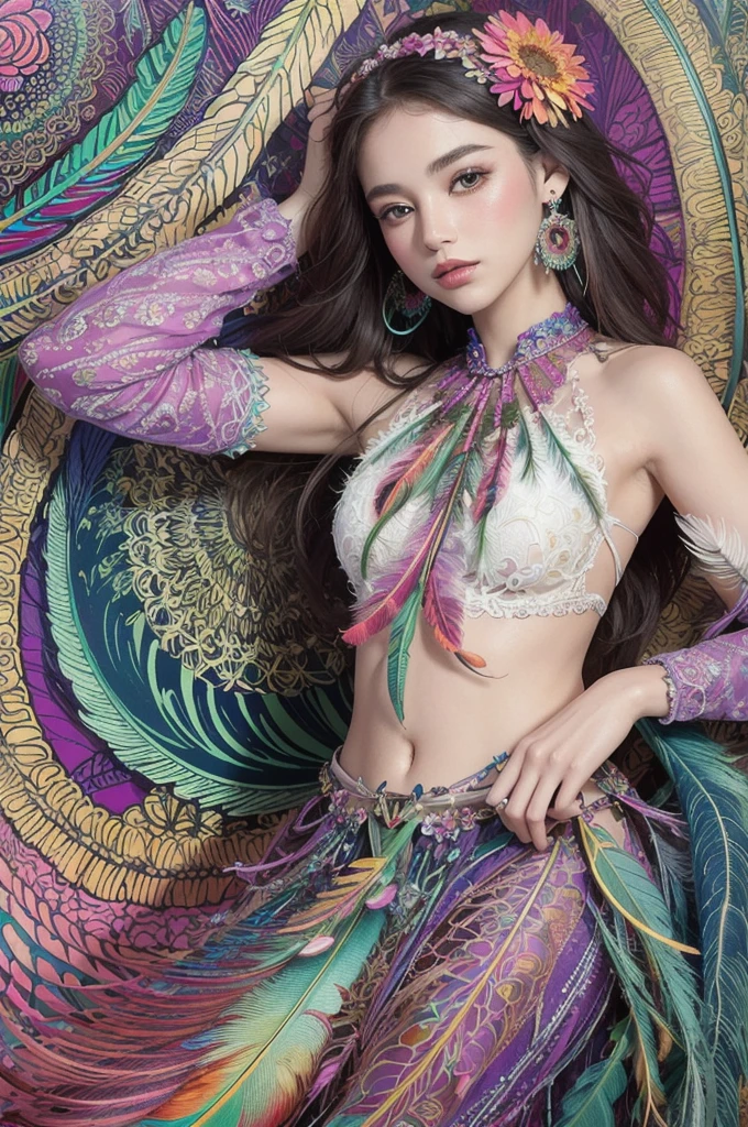 (masterpiece, top quality, best quality, official art, beautiful and aesthetic:1.2), (1girl:1.3), extremely detailed,(fractal art:1.1),(colorful:1.1)(flowers:1.3),highest detailed,(zentangle:1.2), full body, (abstract background:1.3), (shiny skin), (many colors:1.4), ,(earrings), (feathers:1.5),