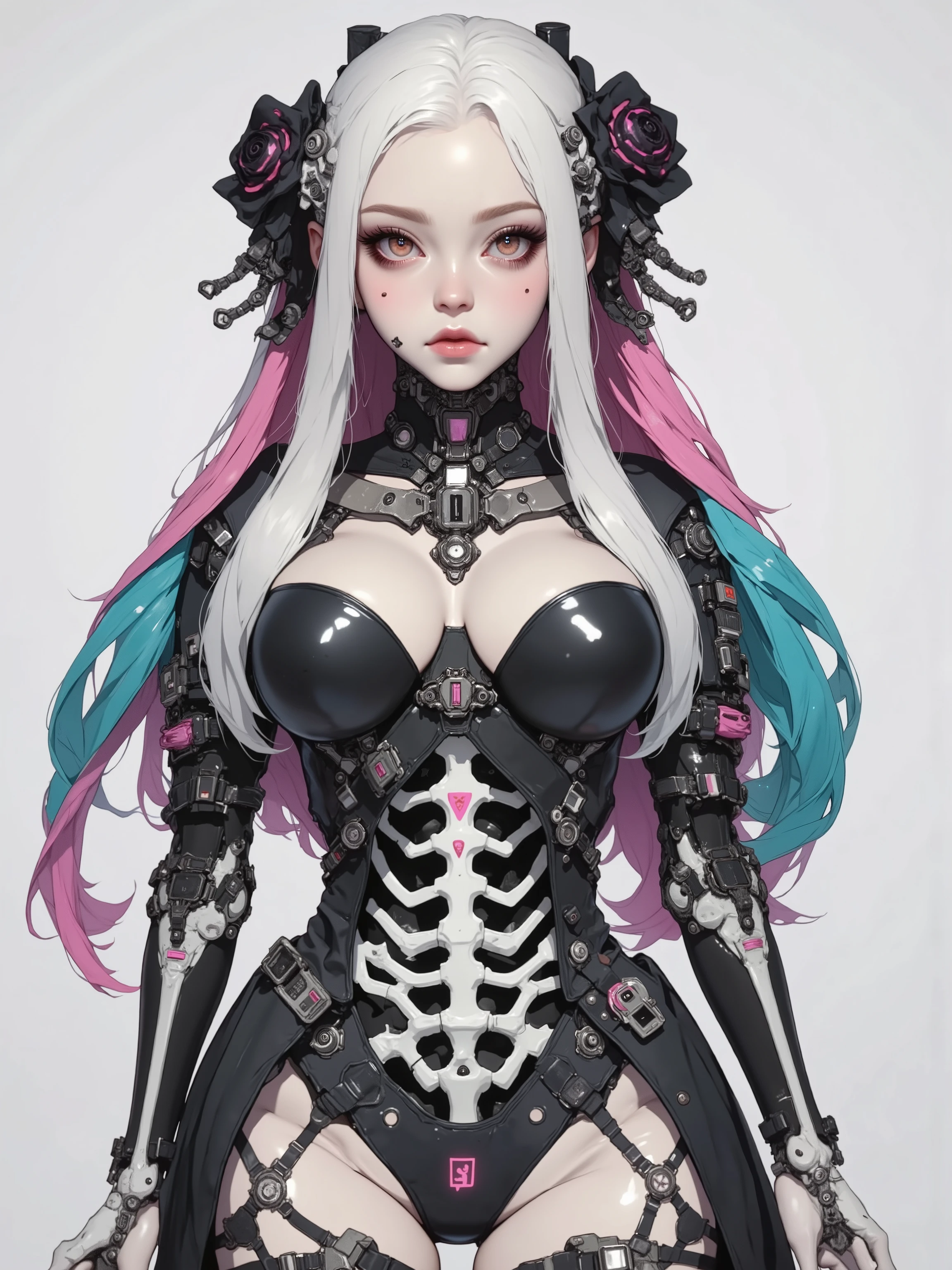 Closeup of a Woman with Long Hair and Skeleton Body, perfect android girl , Porcelain Cyborg, integrated synthetic android , Dollpunk, Barbie Cyborg , cyborg girl , Broken Beautiful Female Android !, Holy Female Cyborg Necromancer , biomechanical big boobs, Perfect Anime Cyborg Woman , Rococo Cyberpunk , cyborg fashion model, ginoid cyborg body