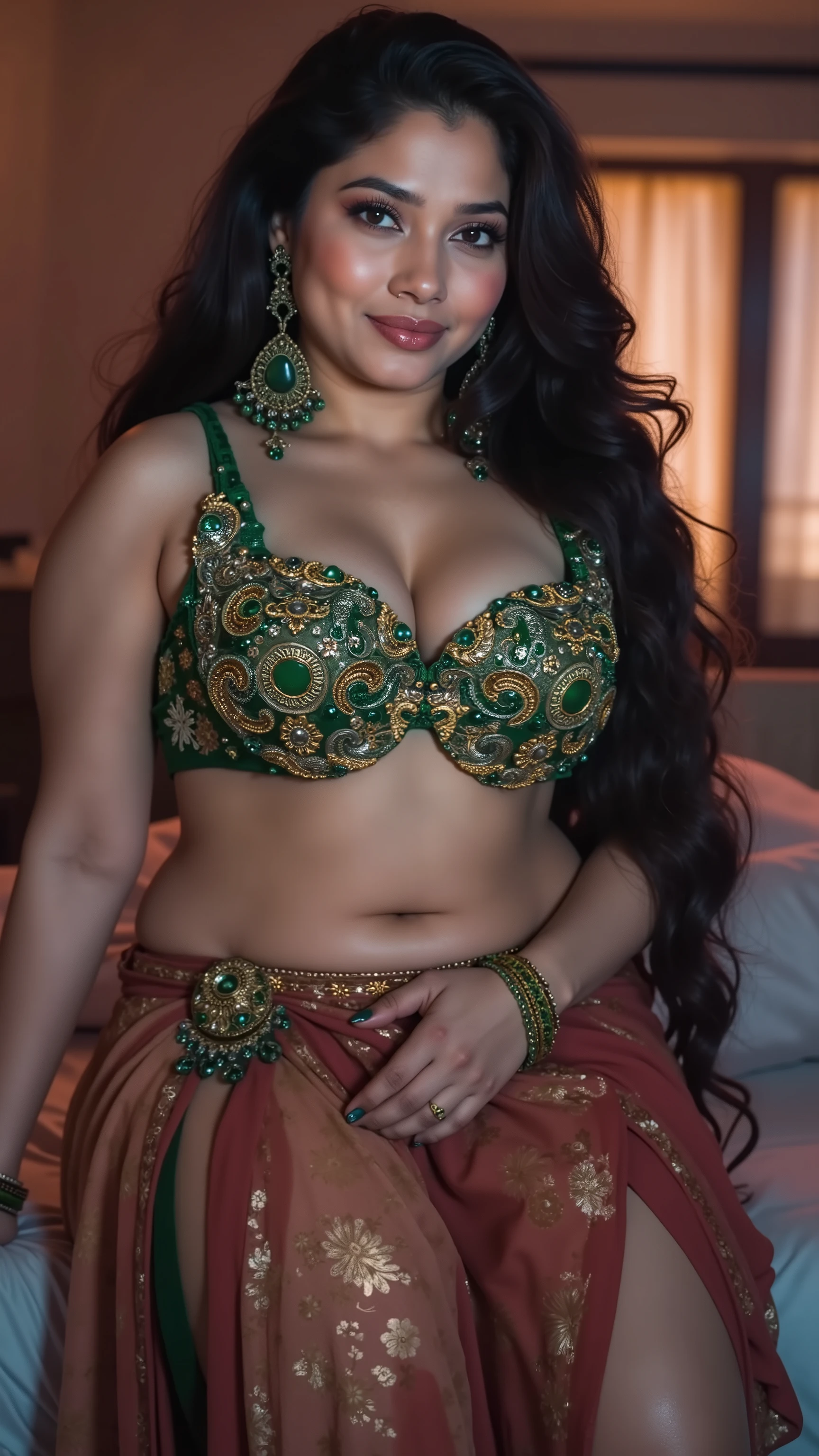 tall hot beautiful thick healthy curvy physique body white skin toned south indian white skin curvy girl with long black hair, thick thighs,big breast, big ass,woman wearing Tamanna Dress, in skyscraper apartment bedroom, ultra hd photo, 4k picture, looking at camera, young nigerian black skin boy friend wearing black shorts only, simple pose, woman with small simple bindhi, woman and black boy friend, woman looking at camera, close-up full body view,