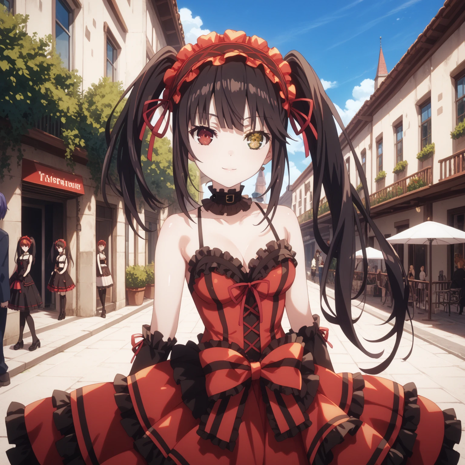 kurumi tokisaki, long hair, twintails, heterochromia, yellow eyes, clock eyes ,symbol-shaped pupils, dress, hairband, black thighhighs, Medium chest, thigh gap, glossy skin, glistening skin, looking at viewer, Tempting body, public