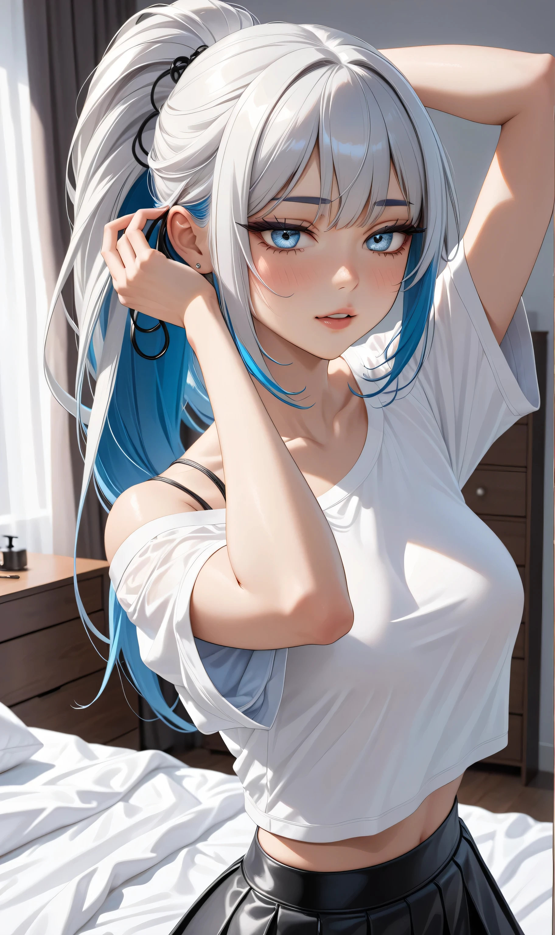 ((Random Sexy pose)), ((Ultra detailing)), (very aesthetic, best quality, ultra detailed), intricate details, 1girl, silver hair, Blue inner hair ,(Silver eyes),((Detailed eyes)), ((Beauotifull eyes)), ((prefect eyes)), sharp jawline, long ponytail hair, (Fixing hair, biting a hair tie), Medium breasts, Licking her lips parted lips, blush, makeup Blush, medium breast, (white over size shirt, crop top, Off-shoulder shoulder, Skirt), print , bed room, low view