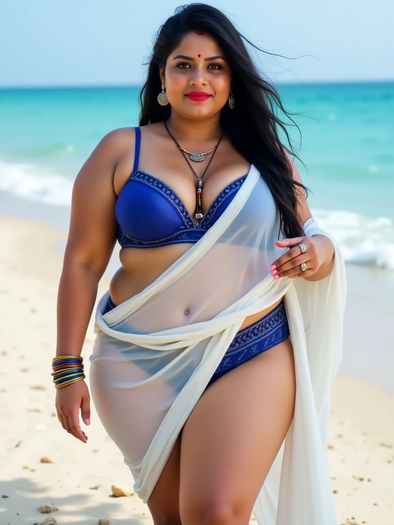 Anushka Shetty, curvy, British, 20s, nun, wide hip, laying in beach, happy, top view, happy, smile