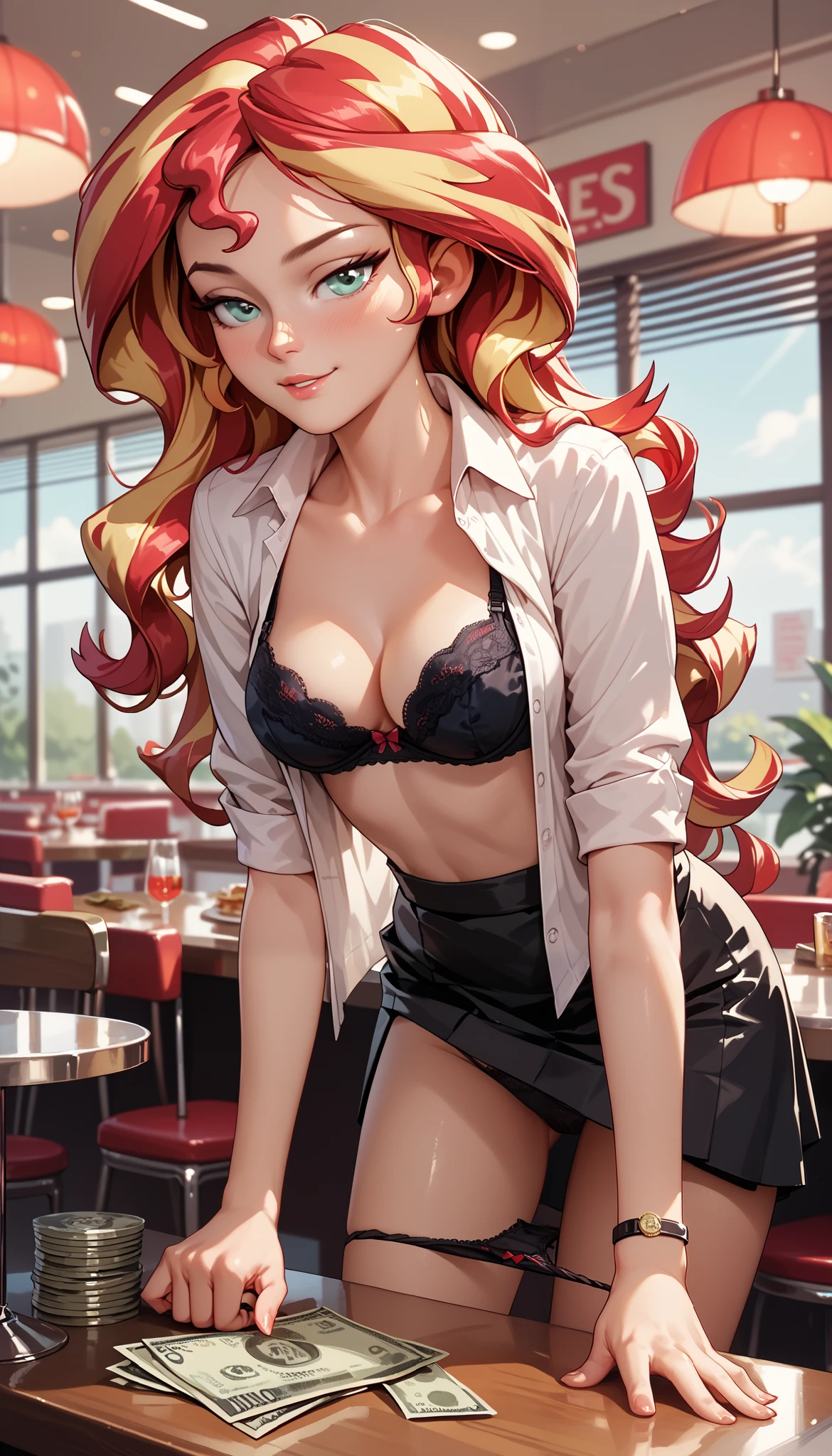 Sunset shimmer, wavy hair, solo, as a waitress, in a diner, bedroom eyes, medium breasts, black bra, black skirt, open shirt, bra pushed up, dollar bills on table, leaning forward, pulling down panties, undressing