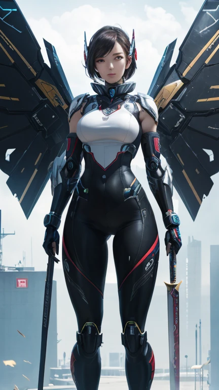 masterpiece, absurdres, highly detailed, photorealistic, realistic, cyberpunk, mechanical wings, wings, from_behind, looking_back, seductive smile, 1girl, (mature_female:1.8), (muscular_female:0.5)
