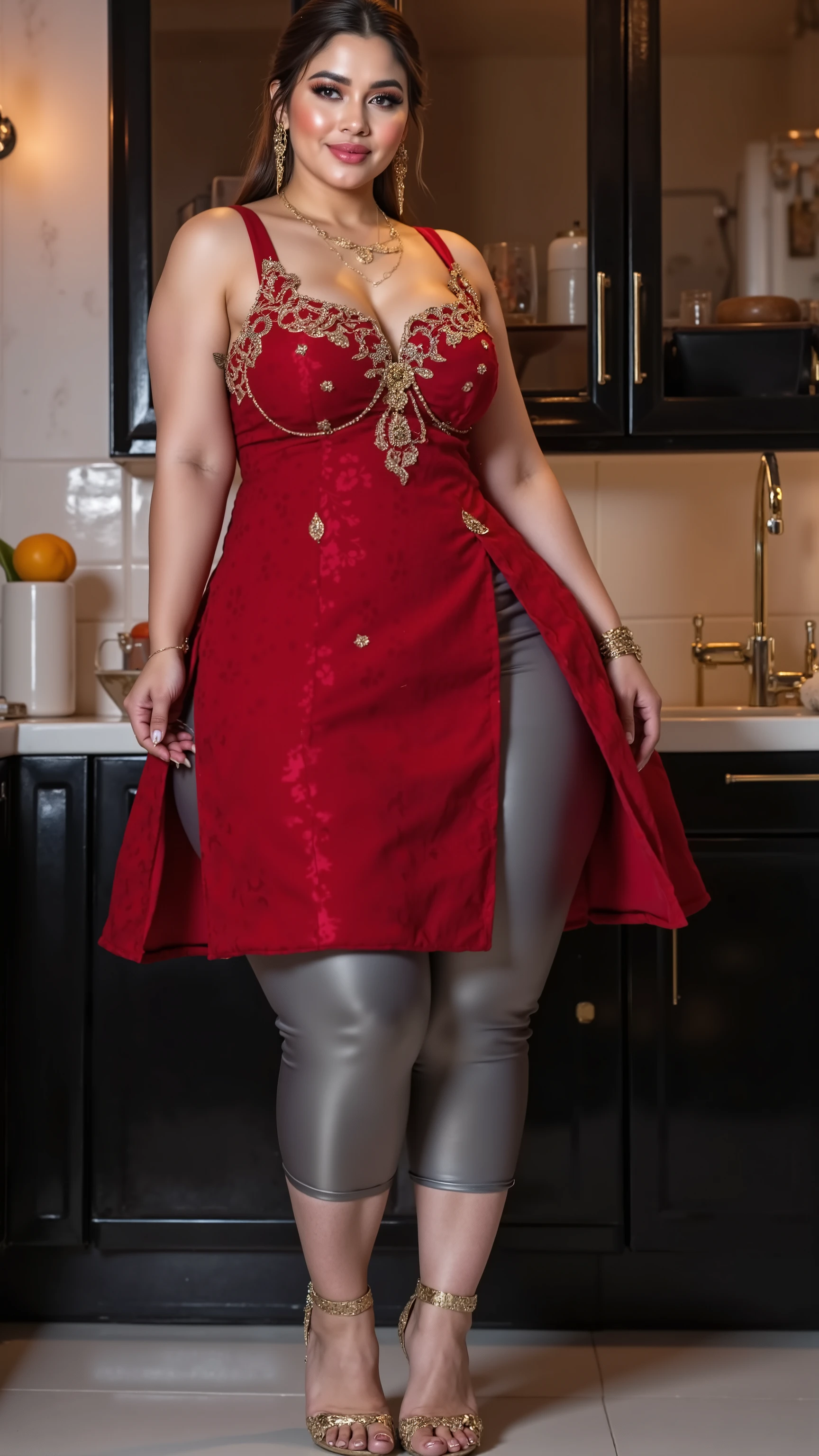 I am 40 year old plus size tall and big giant indian muslim women, looking like indian actress hansika motwani ,wearing a shining glossy silver tight capri leggings and Sleevless red indian kurti, golden nose rings,nose stud, anklet,hanging ear rings,long golden chain on neck,white-skin,white skin tone, beautiful face, dark red lips, clean skin,low bun hair,celebrity face,gold stelito heels,thick leggs, round ass,bulging ass,huge breast, side view of woman,washing dishes in a black painted beautiful kitchen,,only side view of woman, head towards viewer
