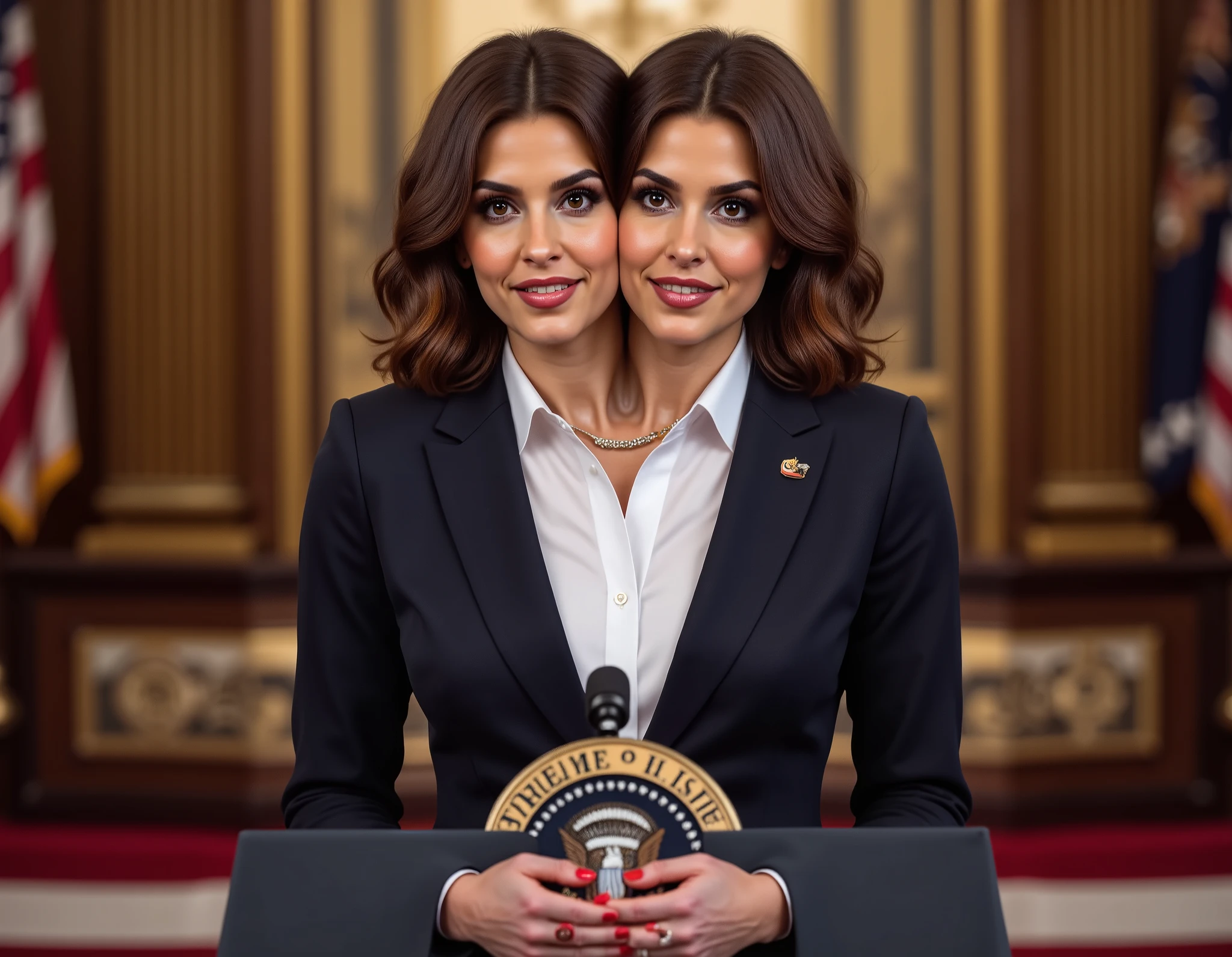 realistic face two headed Caucasian female with brown hair and brown eyes a in business suit, us president, very fit, two heads, conjoined twins, white polo shirt, round breasts, speaking at podium, podium with potus seal, inaguration, us capitol, us flag pin on blazer, red fingernails, red lips, late 40s, wavy hair, necklace, black high heels, full body shot