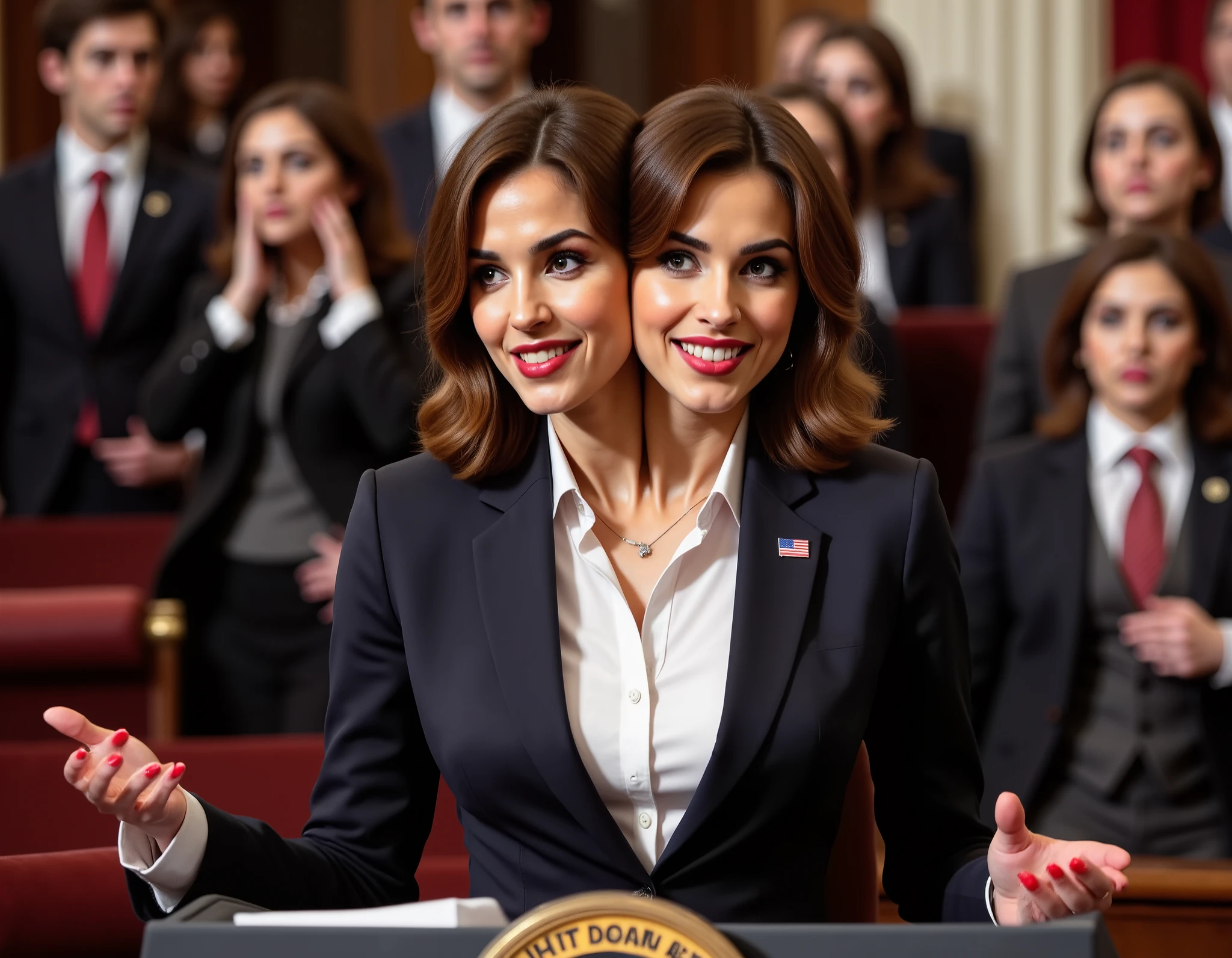 realistic face two headed Caucasian female with brown hair and brown eyes a in business suit, us president, very fit, two heads, conjoined twins, white polo shirt, big boobs, speaking at podium, podium with potus seal, inaguration, us capitol, us flag pin on blazer, red fingernails, red lips, late 40s, wavy hair, necklace, black high heels, full body shot