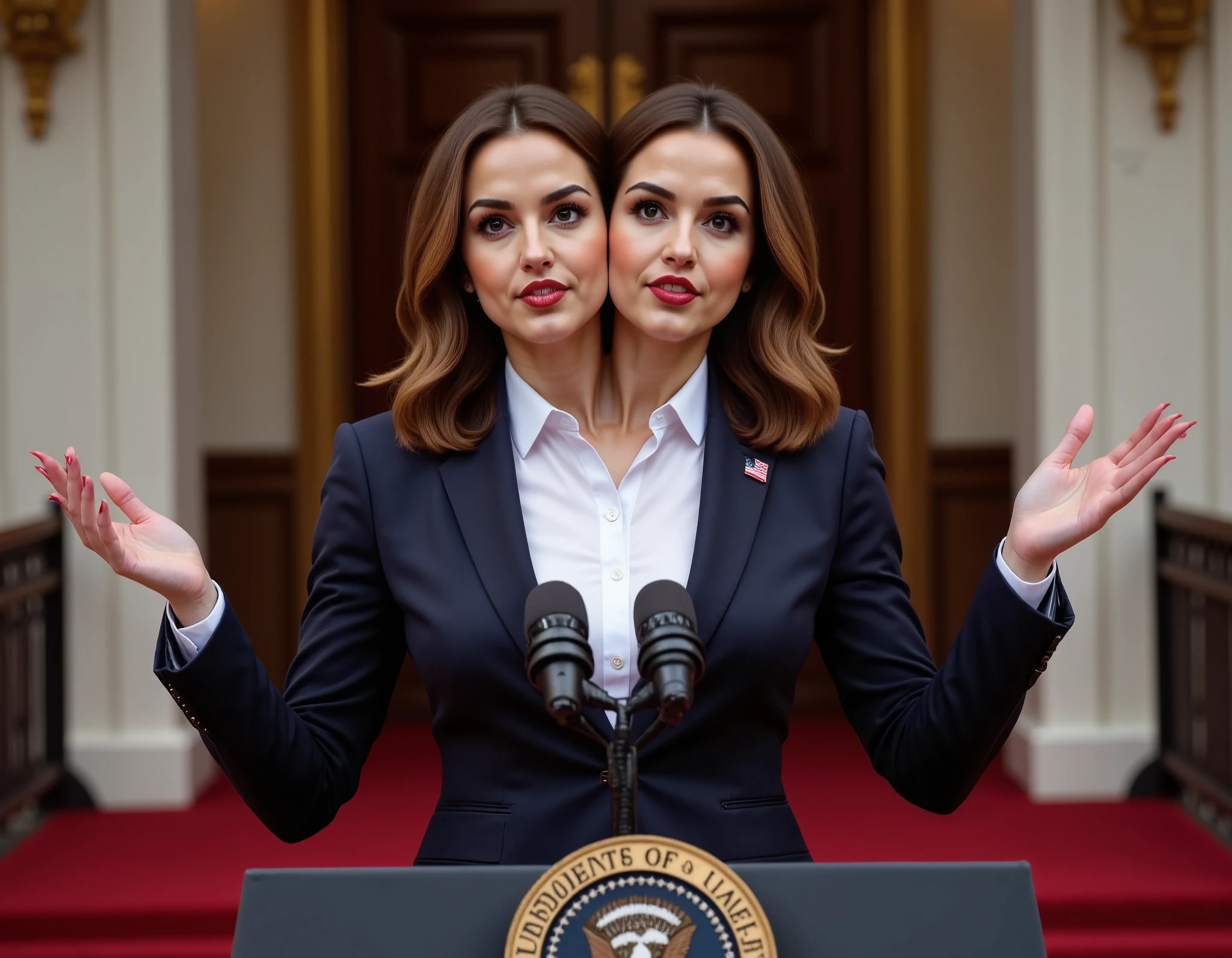 realistic face two headed Caucasian female with brown hair and brown eyes a in business suit, us president, very fit, two heads, conjoined twins, white polo shirt, big boobs, speaking at podium, podium with potus seal, inaguration, us capitol, us flag pin on blazer, red fingernails, red lips, late 40s, wavy hair, necklace, black high heels, full body shot