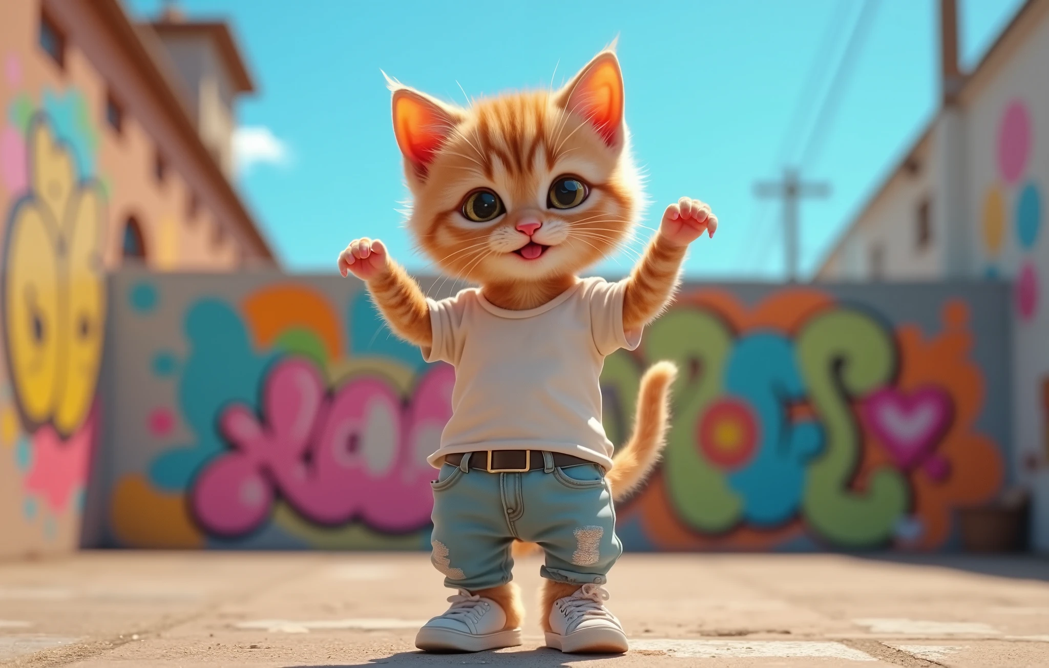 a cat drawn in size 25, 1 adorable baby , a realistic cat standing on 2 legs ,smile, has big eyes like beautiful marbles ,Detailed and realistic coat , kitten wearing dowel T-shirts, kitten wearing dowel pants , blue sky, background is in front of a colorful graffiti wall , kitten wearing sneakers ,Kitten dancing hippo-hop ,Don't blur the background, dancing