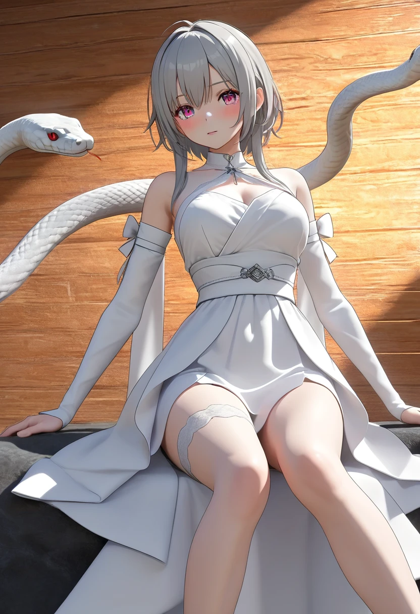 Top animation quality，masterpiece，Best quality，8k，photography，solo，(Upper Body)，A beautiful woman in a white vest，Clear pupils，Delicate hair strands，(Being wrapped by a python，Black python)，sexy feeling，Background blur，blur background，Ray Tracing