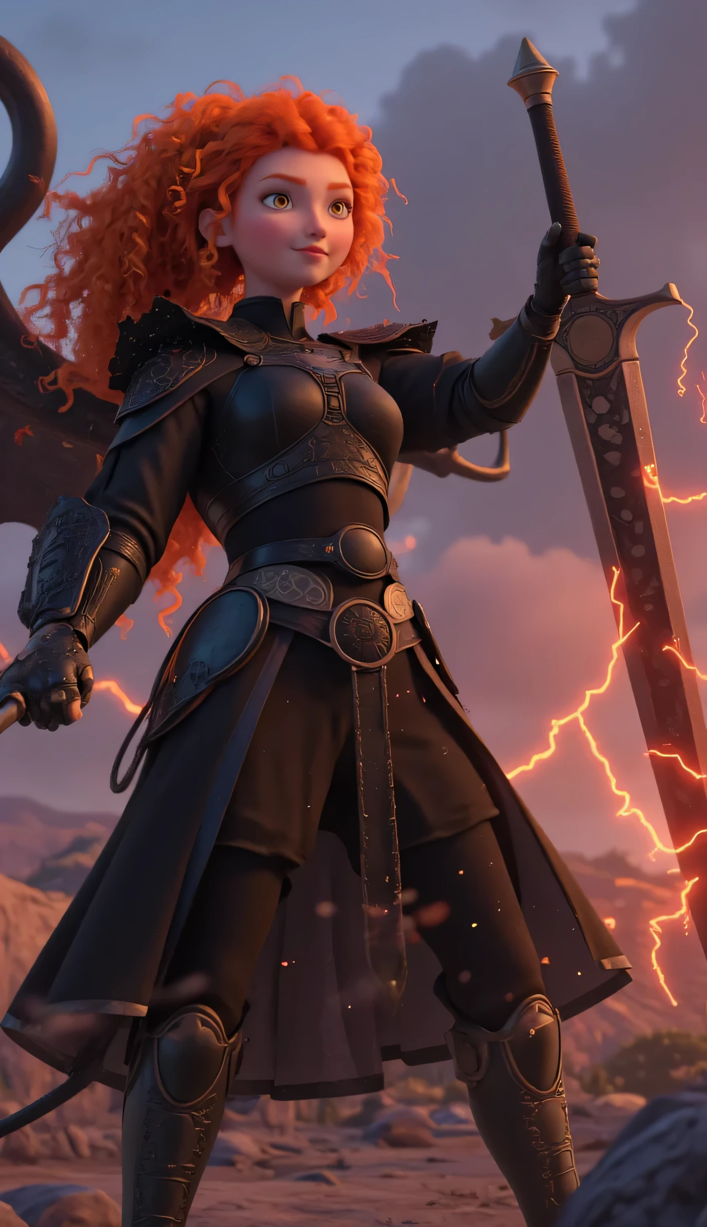 Anime Girl,Pitch-black armour,Mecha Dragon Tail,A two-handed giant sword with a dragon carving is stuck in the ground in front of you,He holds a huge two-handed sword with a dragon carved on it.,whole body,Panoramic lens,The folded devil wings wrap around his body,The body is surrounded by red lightning and flames,Glowing eyes ,curly orange colour long hair,High Ponytail,(Two-handed greatsword blade focus:1.5),From below,Extreme focus angle,from the side,Looking at the audience,Motion Blur,Background blur,