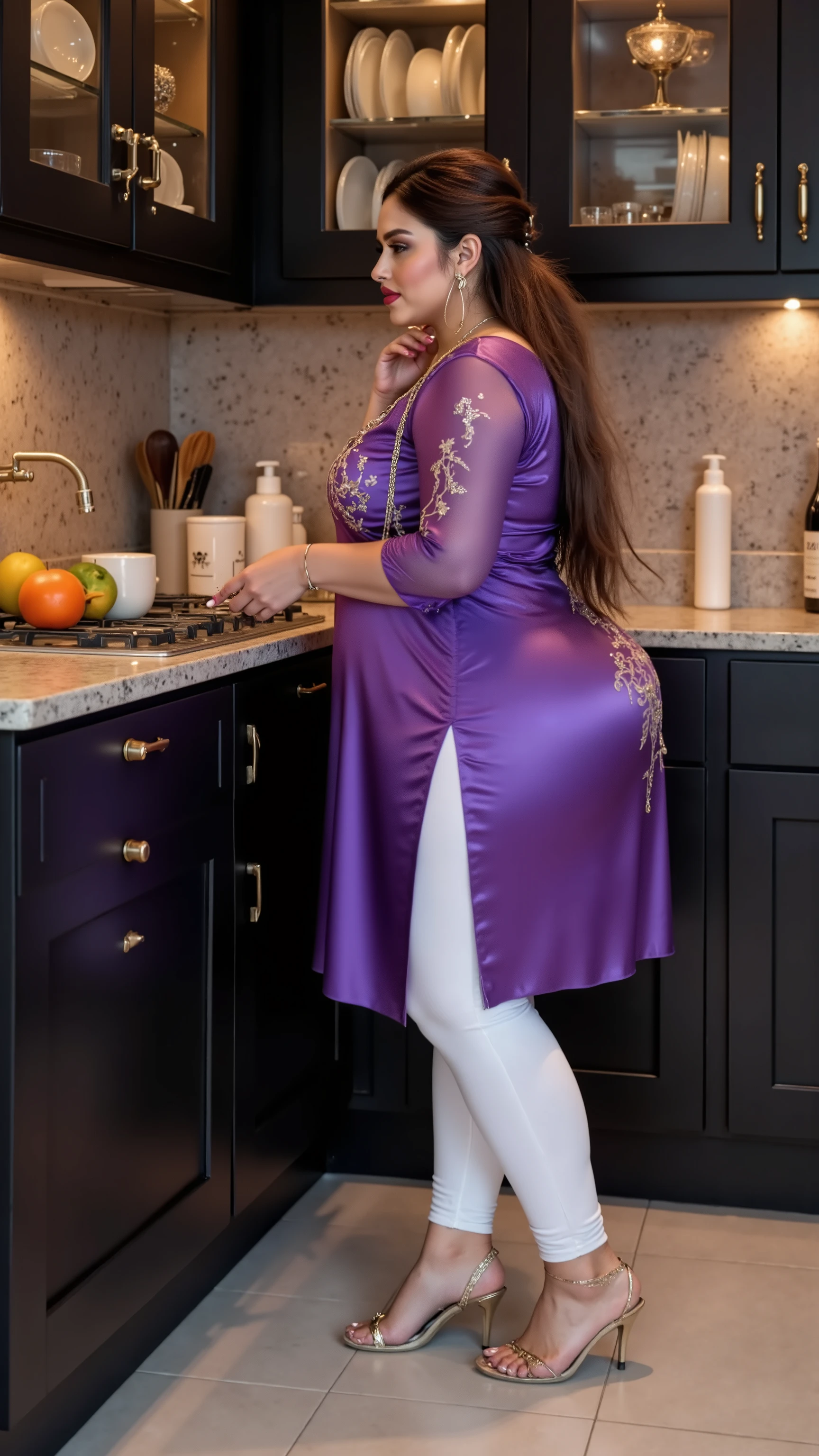 I am 40 year old plus size tall and big giant indian muslim women, looking like indian actress hansika motwani ,wearing a shining glossy white tight capri leggings and Sleevless purple indian kurti, golden nose rings,nose stud, anklet,hanging ear rings,long golden chain on neck,white-skin,white skin tone, beautiful face, dark red lips, clean skin,low bun hair,celebrity face,gold stelito heels,thick leggs, round ass,bulging ass,huge breast, side view of woman,washing dishes in a black painted beautiful kitchen,,only side view of woman, head towards viewer