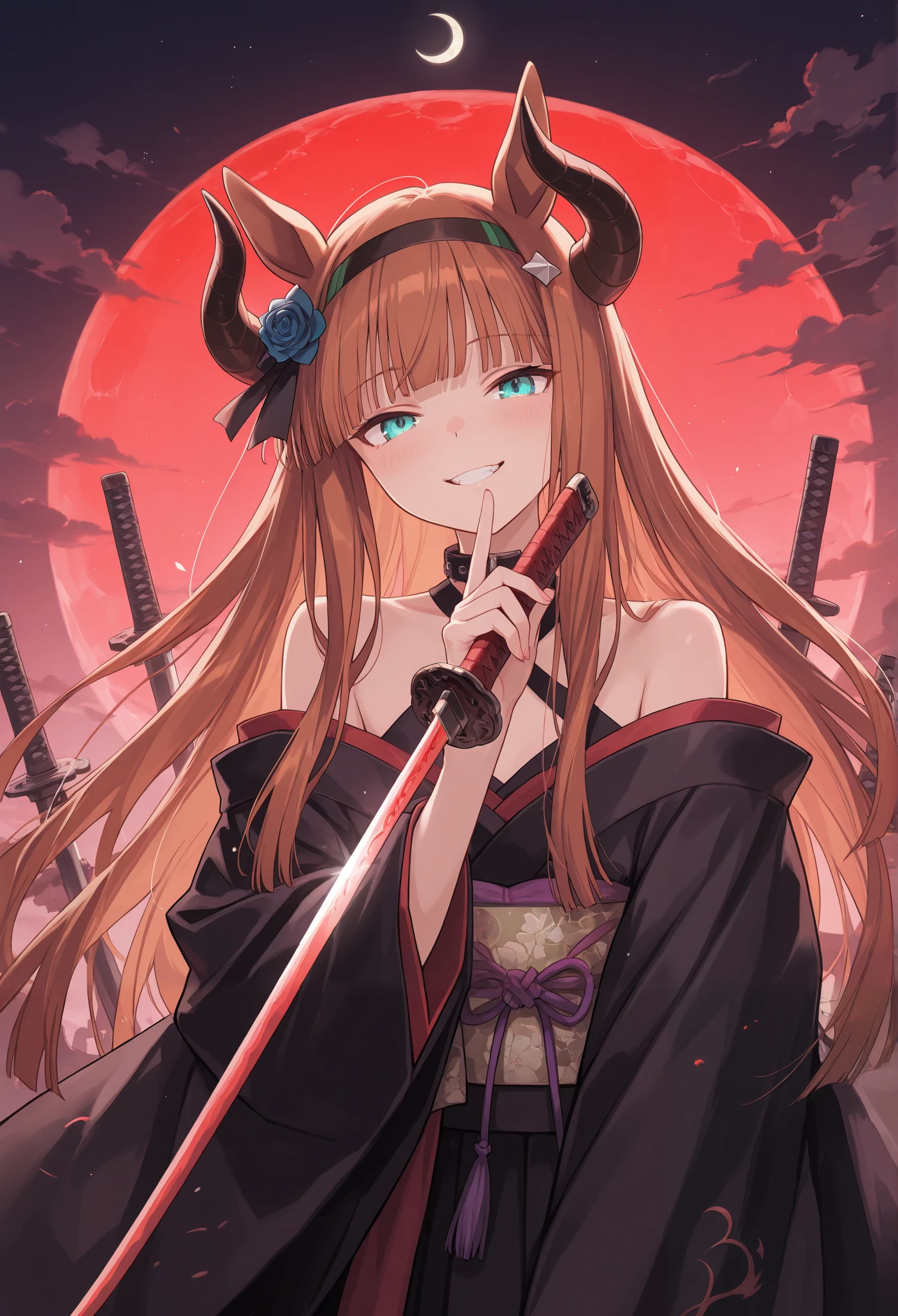 {{{Racecourse:1.6}}} {{{ 【 focusing on the upper body :1.5}}},( high resolution),( high resolution), (unity 8k wallpaper),( detailed image ), {{{Type Moon :1.7}}},((draw:1.5)), silence suzuka \( umamusume\) ,{Right },{ Seductive Smile} \( Uma Musume\),
,{{{{ off shoulder top}}},{{{ Crazy Smile :1.6}}},{{{Demon King:1.6}}}},{{ heavy cloak with collar }}},{{{ kimono:1.8}}}:{{{Demon Horns:1.7}}},{{{ big Japanese sword}}},{Onigashima},{Crescent Moon and Clouds },{ attacking with Japanese swords } 「 warriors attacking with swords 」
「 swordsmen wielding swords setting up attacks 」
「 samurai rushing forward with swords」
「Ninja who slashes with sharp swords 」