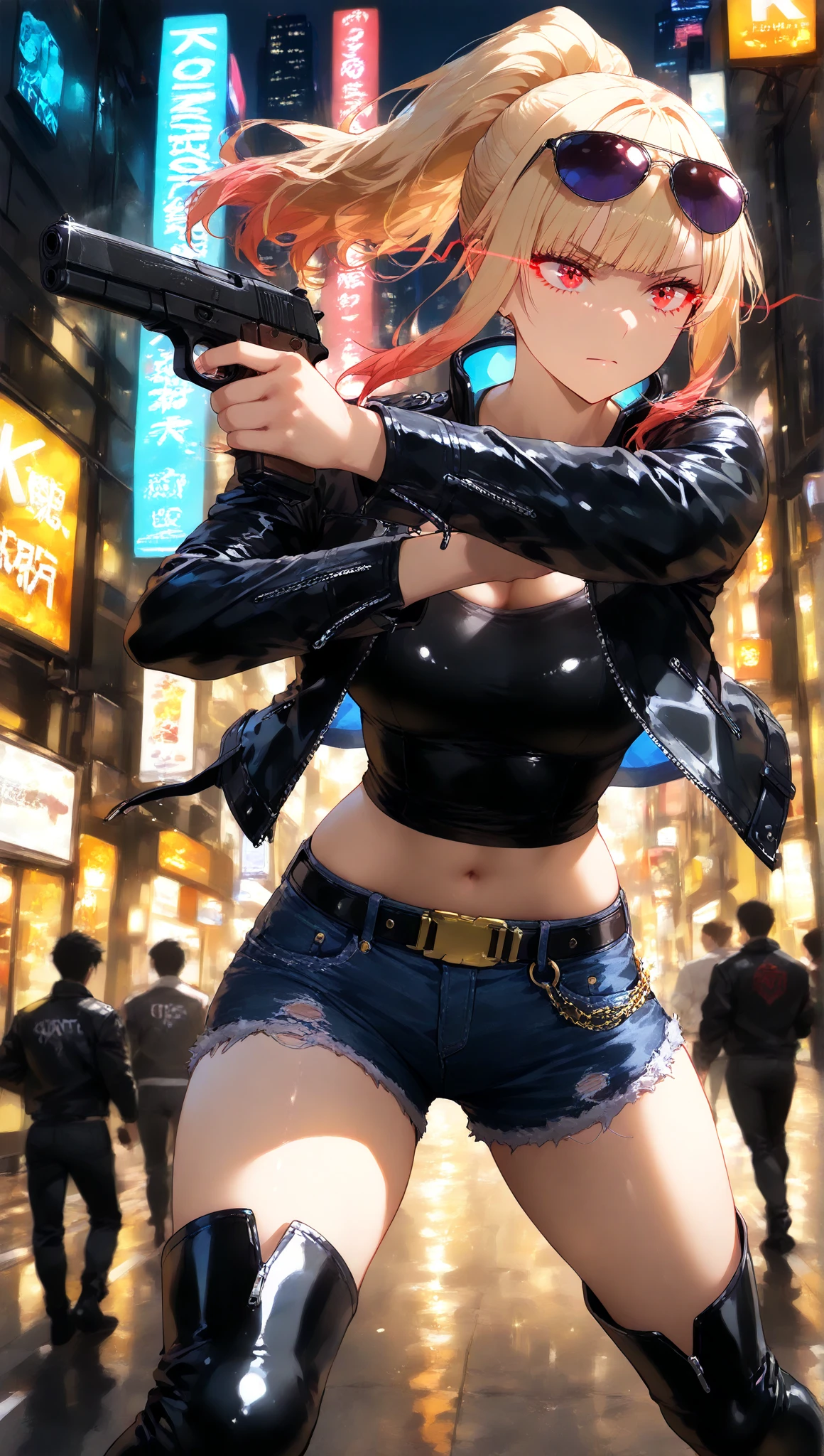 a woman with long flowing red hair wearing a bikini top and shorts, aiming a pistol directly at the camera with her eyes closed, leaning against a brick wall in the foreground, city skyline with skyscrapers in the background, cowboy bebop style, cinematic lighting, highly detailed, photorealistic, award winning digital art