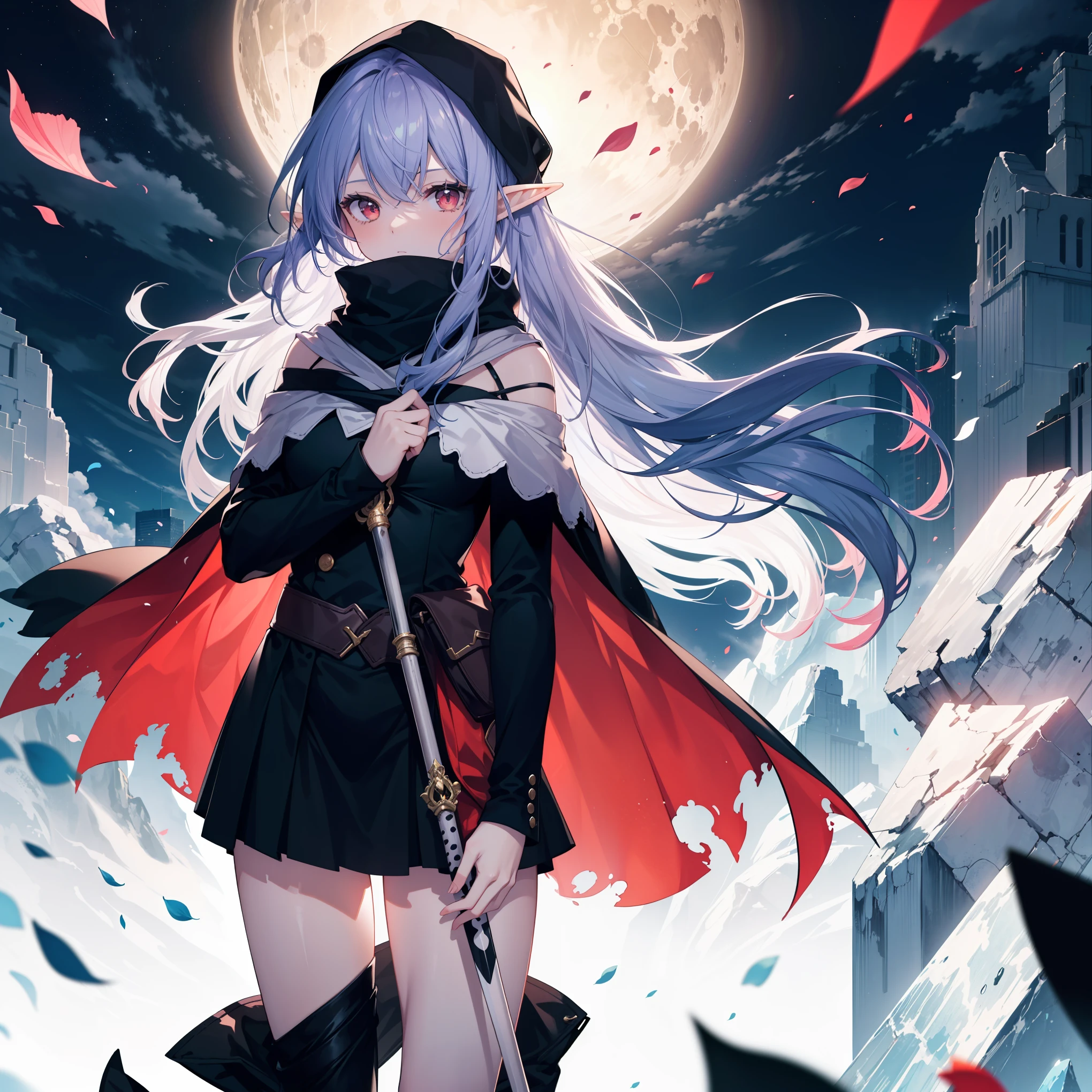 ((Strong shadow, thunder effects, Floating petals)), Delicate hair, Delicate eyes, ((Masterpiece, Top quality)), High quality, Masterpiece, ((High quality, Female elf swordsman, ((off-shoulder)), (loose long hair), purple hair, Red eyes, Long hair, Elf ears, Long loose hair, Black cape, Cape hood, black miniskirt, Scarf, Sky, Moon, Ash, Ice, ((Color splash))