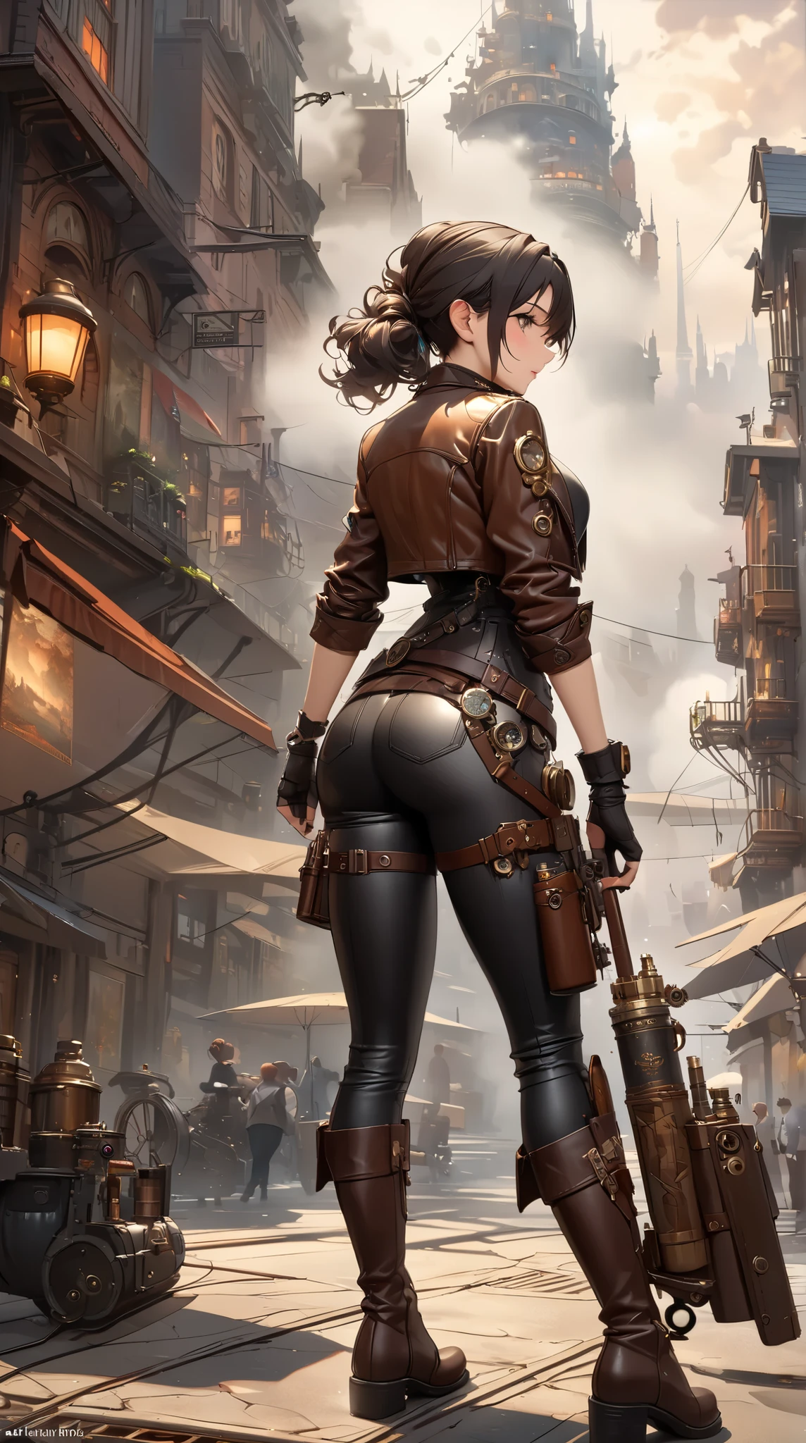Beautiful full-length young woman, small breasts, anime teen physique, slim teen figure, naked body coat, steampunk details, steampunk elements, steampunk gadgets, front view and back view in one picture, back view ass