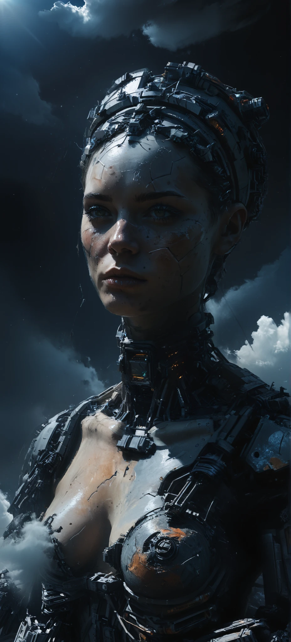 A cyberpunk digital close-up painting depicting an old rusty robot that sadly wanders through an alien landscape. The character's face is partially hidden by a complex cybernetic headdress made of weathered, rusty metal with complex mechanical components, grooves, screws and wire, and exposed wire and cable fragments.Old diodes are dim, cracked, and dimly illuminated.The parts and assemblies are made in different styles because it has been repaired many times. The headdress is also old, scratched and rusty. The protective visor is cracked, scratched, cloudy, with traces of soldering. Bare wires extend from the headdress, connecting to the neck and torso of the character. The background is a fantastic landscape. The landscape is similar to the moon. Craters and rocks covered with dust.An incredibly beautiful sky of cosmic colors, planets, stars. The soft and uniform lighting highlights the details of the cybernetic nodes while maintaining a neutral mood. The color palette highlights the contrast between the old half-dried mechanism and the incredibly beautiful starscape. High contrast and saturation. The overall composition highlights a futuristic cybernetic aesthetic thanks to balanced and neutral white lighting.