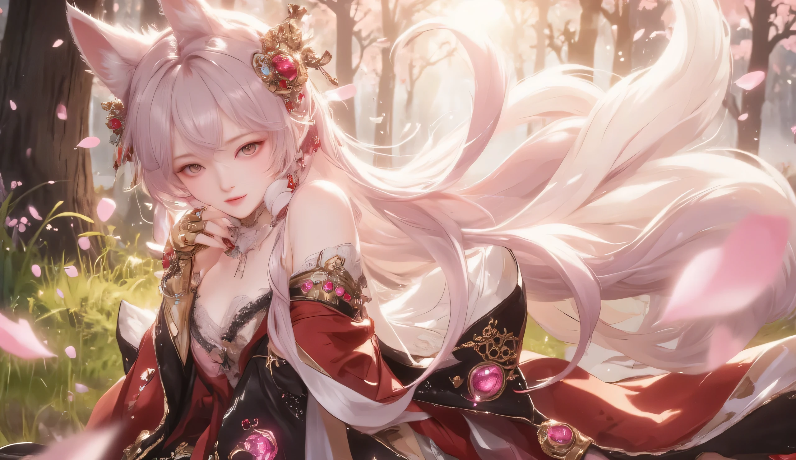 A stunning full-body illustration of an enchanting fox spirit (kitsune) with long, flowing pink hair that cascades elegantly down her back. Her piercing, soft pink eyes exude a mysterious yet alluring charm, framed by delicate fox-like markings on her cheeks. Large, fluffy fox ears adorned with intricate metallic ornaments rise gracefully from her head, complementing the ethereal beauty of her nine voluminous, silken tails that swirl behind her, shimmering with a soft glow. She is dressed in an elegant yet seductive outfit blending traditional Japanese and fantasy aesthetics. A flowing, semi-transparent kimono-style robe in shades of crimson and soft rose drapes over her shoulders, billowing gently in the wind. The robe is cinched at the waist with a delicate sash, revealing a black lace-trimmed bodice that accentuates her slender and curvaceous figure. Her arms are adorned with metallic, intricately designed golden armor pieces, encrusted with glowing pink gemstones that pulse with arcane energy. Her pose is graceful yet commanding, one hand gently touching her chin while the other rests delicately on her hip. Her expression is serene yet captivating, as if she holds a thousand secrets. Scattered pink cherry blossom petals drift through the air, enhancing the dreamlike atmosphere. The background features a mystical forest bathed in warm, golden sunlight filtering through the canopy, casting dappled light on the soft grass below. Glowing ethereal wisps float in the distance, creating an atmosphere of magic and wonder. The entire scene is rendered with breathtaking detail, with a focus on soft lighting, dynamic movement, and an exquisite blend of anime and semi-realistic fantasy art styles. Rendered in an ultra-detailed fantasy digital painting style, with high-resolution textures, stunning color contrast, and an ethereal, dreamy ambiance.