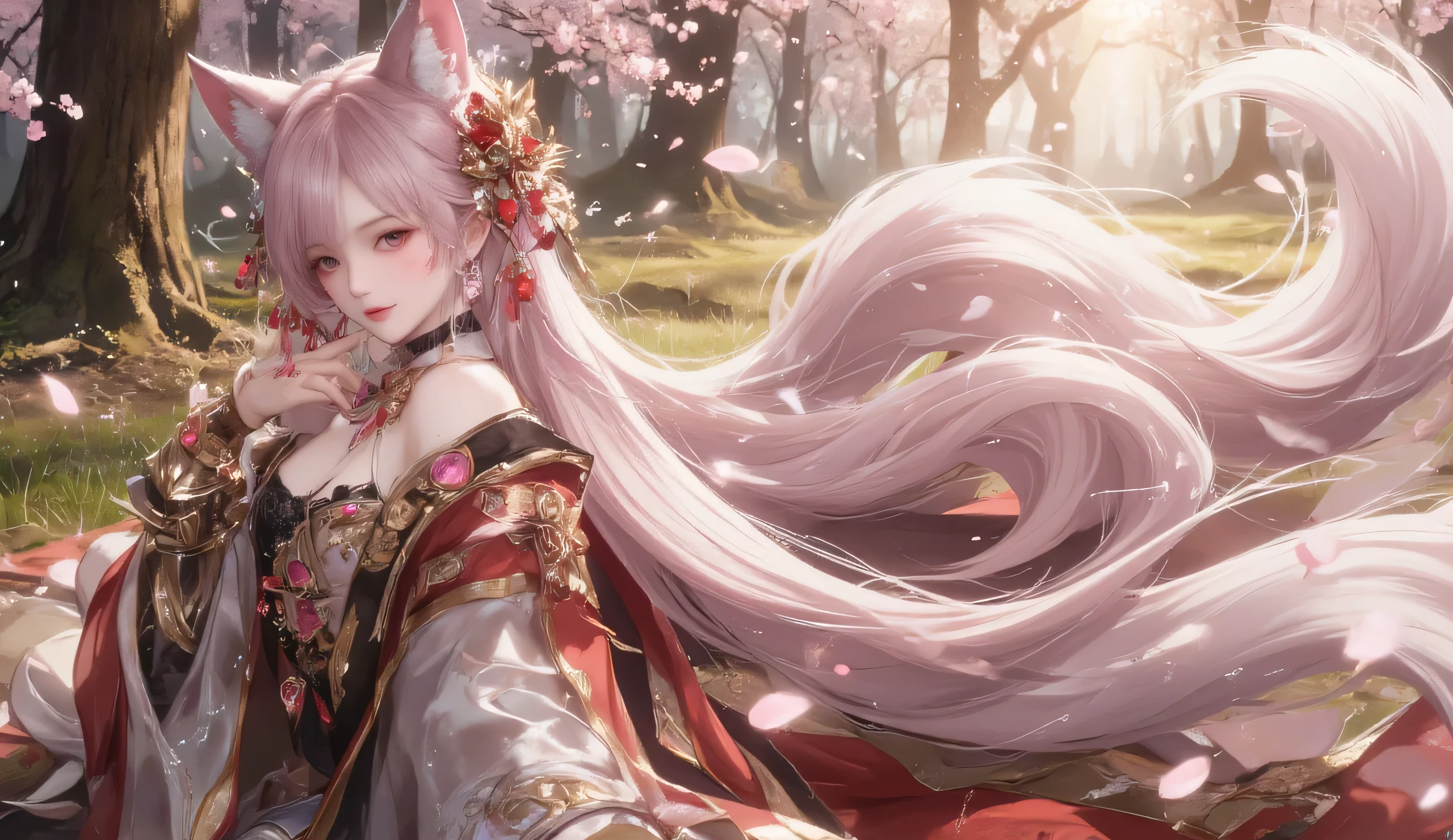 A stunning full-body illustration of an enchanting fox spirit (kitsune) with long, flowing pink hair that cascades elegantly down her back. Her piercing, soft pink eyes exude a mysterious yet alluring charm, framed by delicate fox-like markings on her cheeks. Large, fluffy fox ears adorned with intricate metallic ornaments rise gracefully from her head, complementing the ethereal beauty of her nine voluminous, silken tails that swirl behind her, shimmering with a soft glow. She is dressed in an elegant yet seductive outfit blending traditional Japanese and fantasy aesthetics. A flowing, semi-transparent kimono-style robe in shades of crimson and soft rose drapes over her shoulders, billowing gently in the wind. The robe is cinched at the waist with a delicate sash, revealing a black lace-trimmed bodice that accentuates her slender and curvaceous figure. Her arms are adorned with metallic, intricately designed golden armor pieces, encrusted with glowing pink gemstones that pulse with arcane energy. Her pose is graceful yet commanding, one hand gently touching her chin while the other rests delicately on her hip. Her expression is serene yet captivating, as if she holds a thousand secrets. Scattered pink cherry blossom petals drift through the air, enhancing the dreamlike atmosphere. The background features a mystical forest bathed in warm, golden sunlight filtering through the canopy, casting dappled light on the soft grass below. Glowing ethereal wisps float in the distance, creating an atmosphere of magic and wonder. The entire scene is rendered with breathtaking detail, with a focus on soft lighting, dynamic movement, and an exquisite blend of anime and semi-realistic fantasy art styles. Rendered in an ultra-detailed fantasy digital painting style, with high-resolution textures, stunning color contrast, and an ethereal, dreamy ambiance.