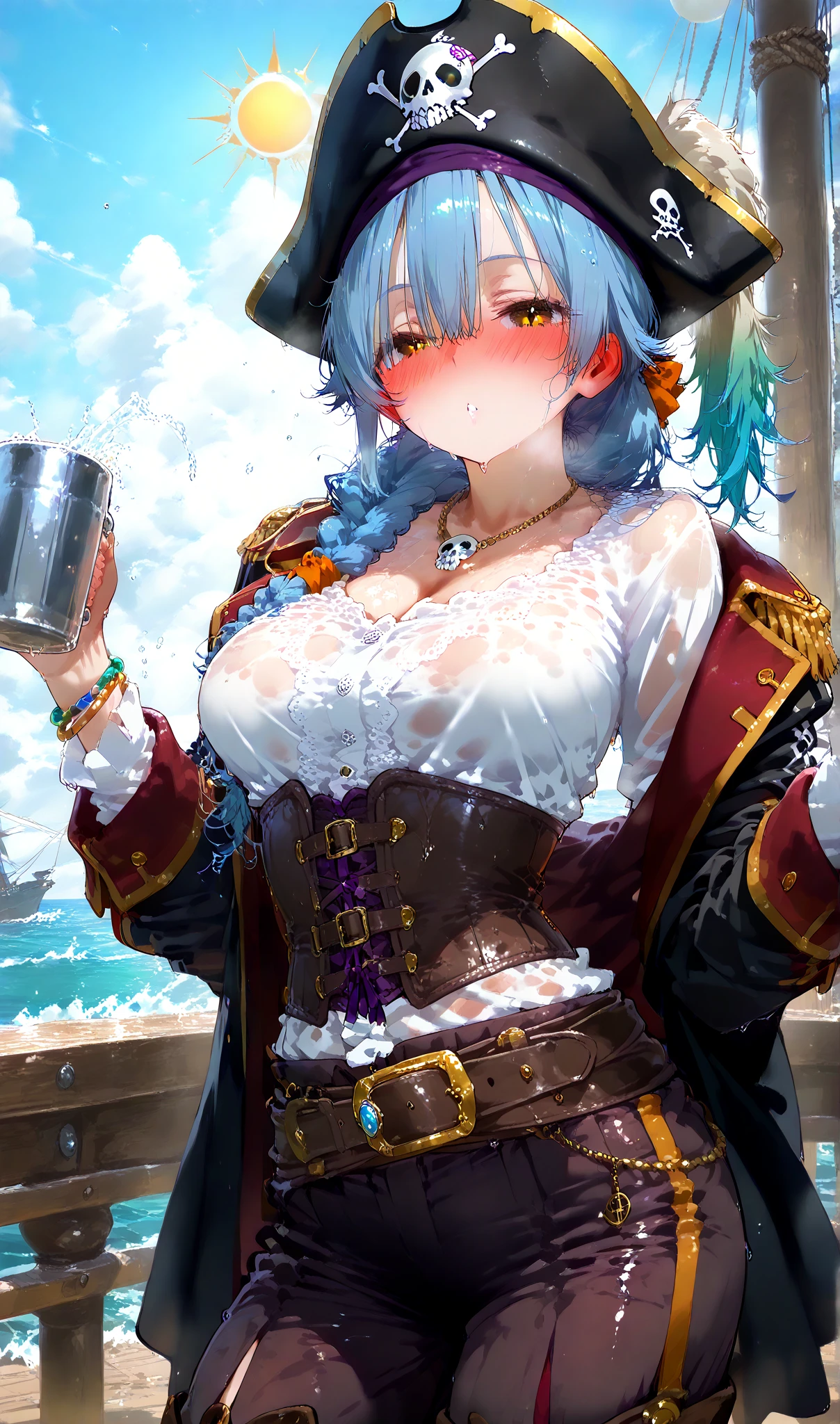 Erotic Anime Illustration、Highest image quality、A plump bride flatters a man at a party on a boat、beautiful eyes、perfect proportions、lovelive、white costume、Overwhelmingly huge breasts beyond the norm、thick legs、cowboy shot、smile、blush、big areola