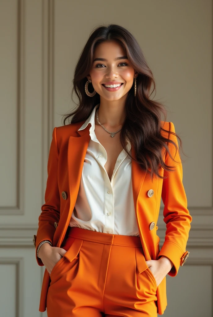 (Lidiia Filippova: 1.2), (Keilih Stafford: 0.9), (Felicity Fey: 0.5), a pretty young woman, big lips, in a wooden villa, by the sea, dark brown straight hair, black eyes, smile, yellow blazer, white blouse, black skirt, standing,